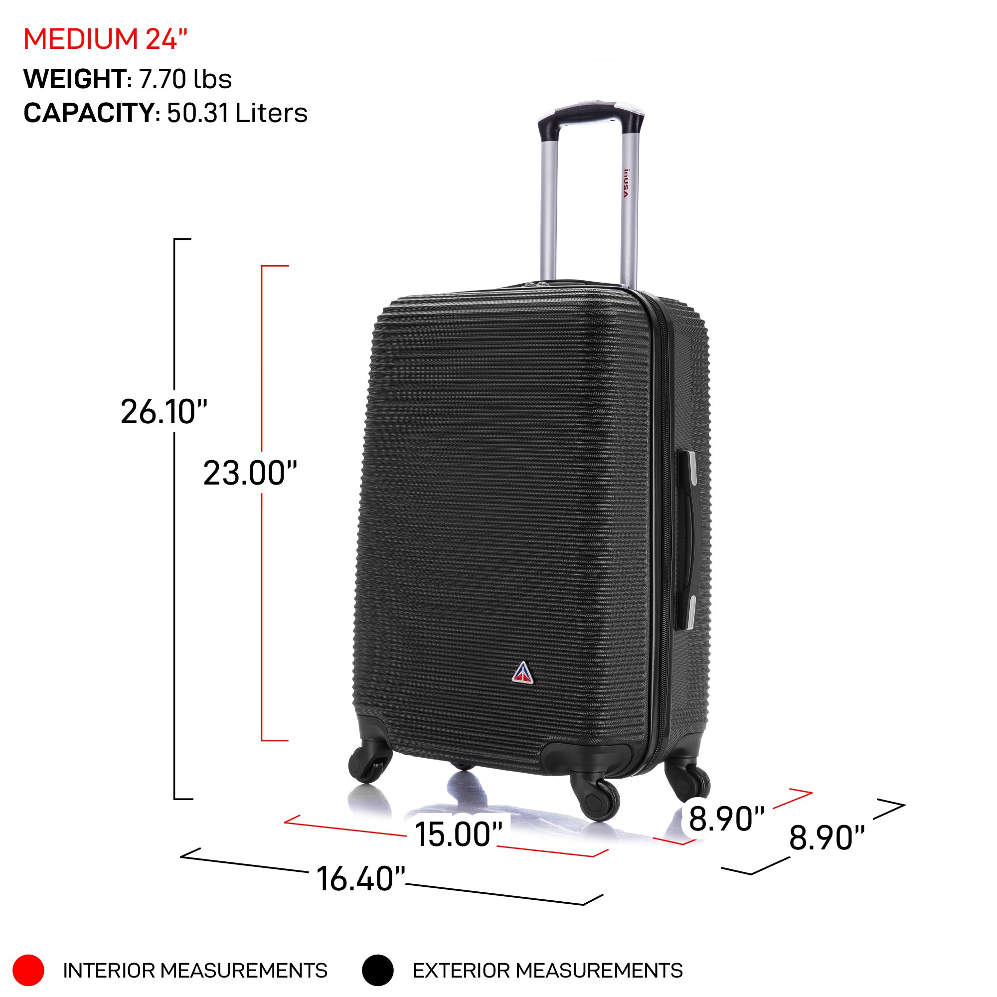 Black suitcase with measurements on a white background