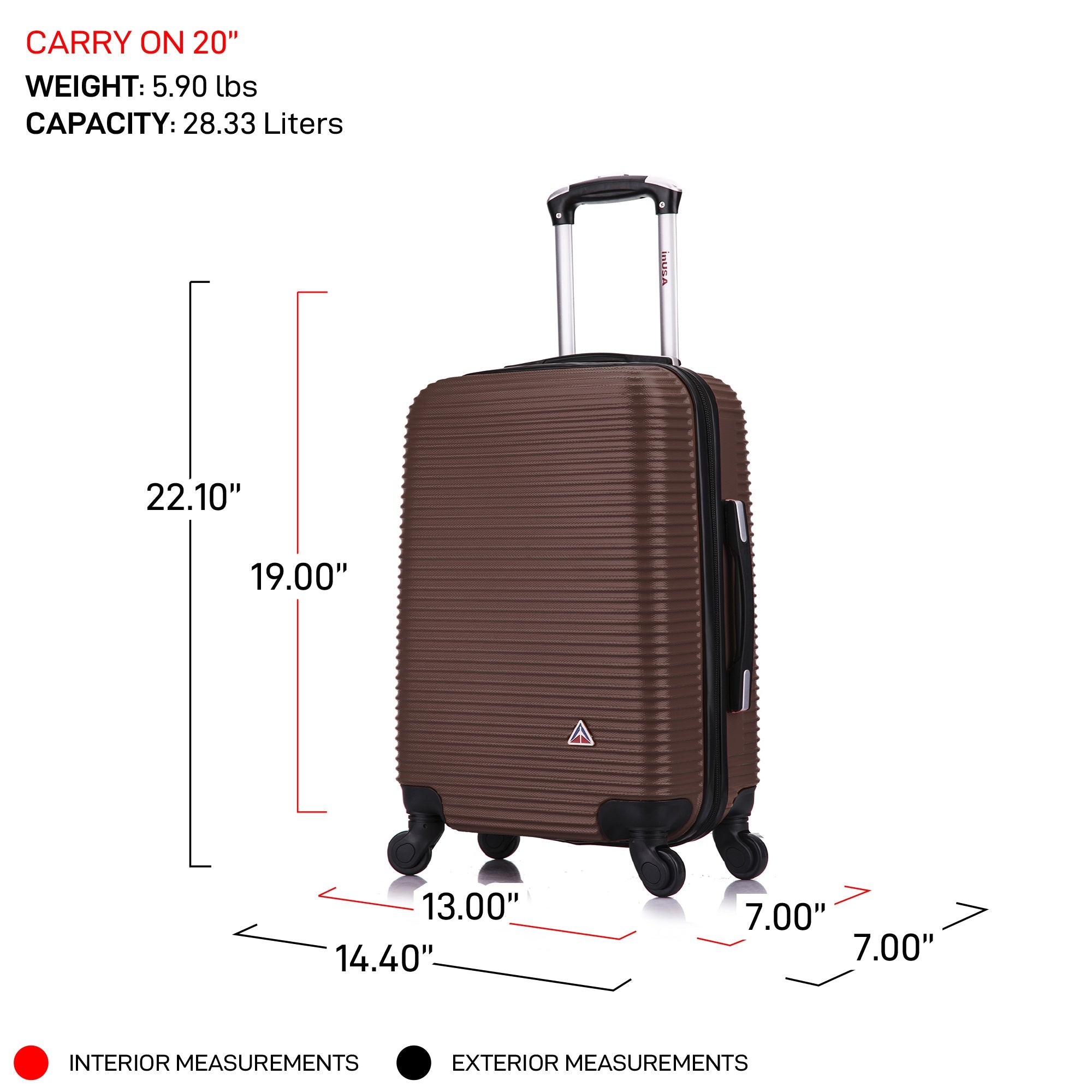 Brown suitcase with dimensions and weight capacity on a white background