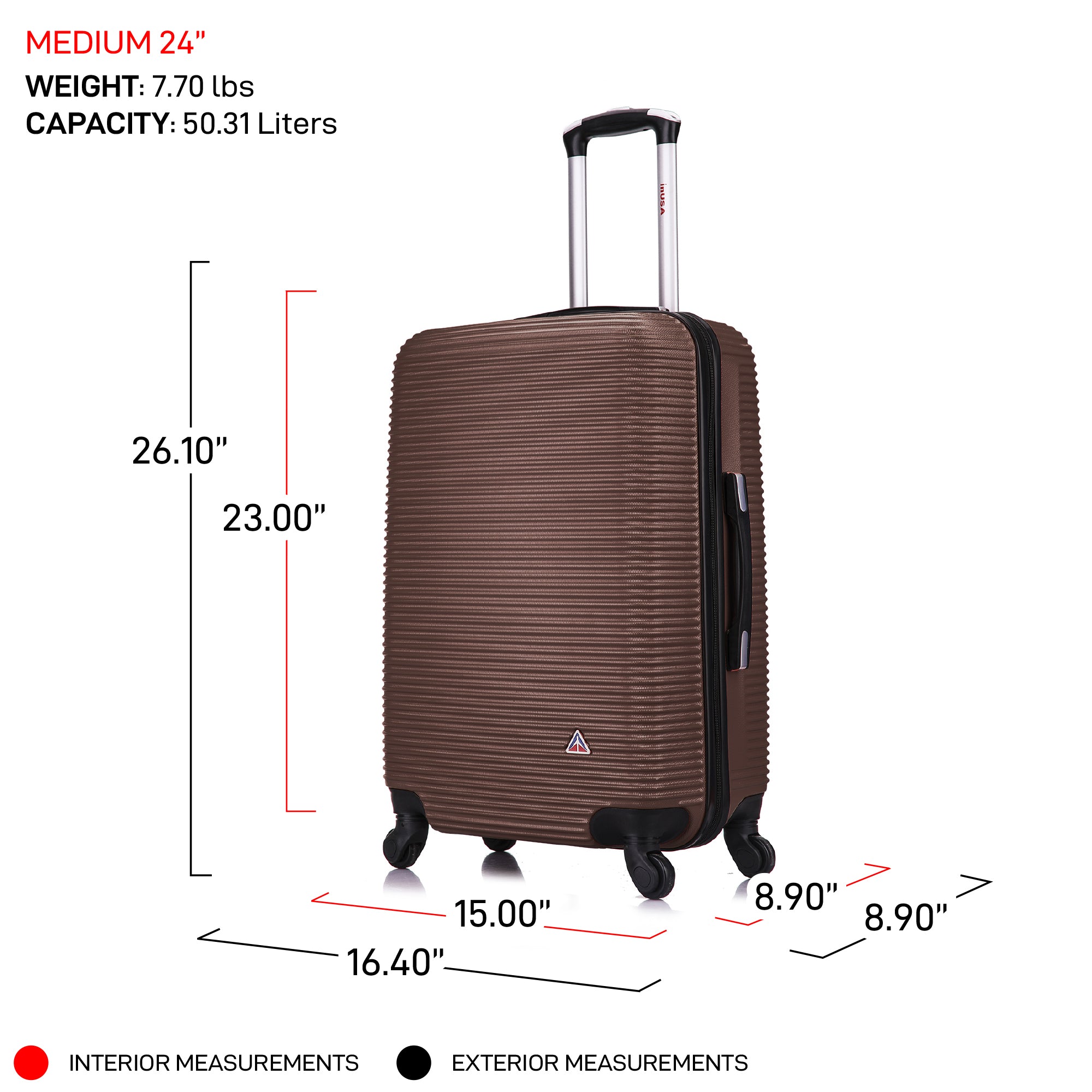 Brown suitcase with measurements on a white background