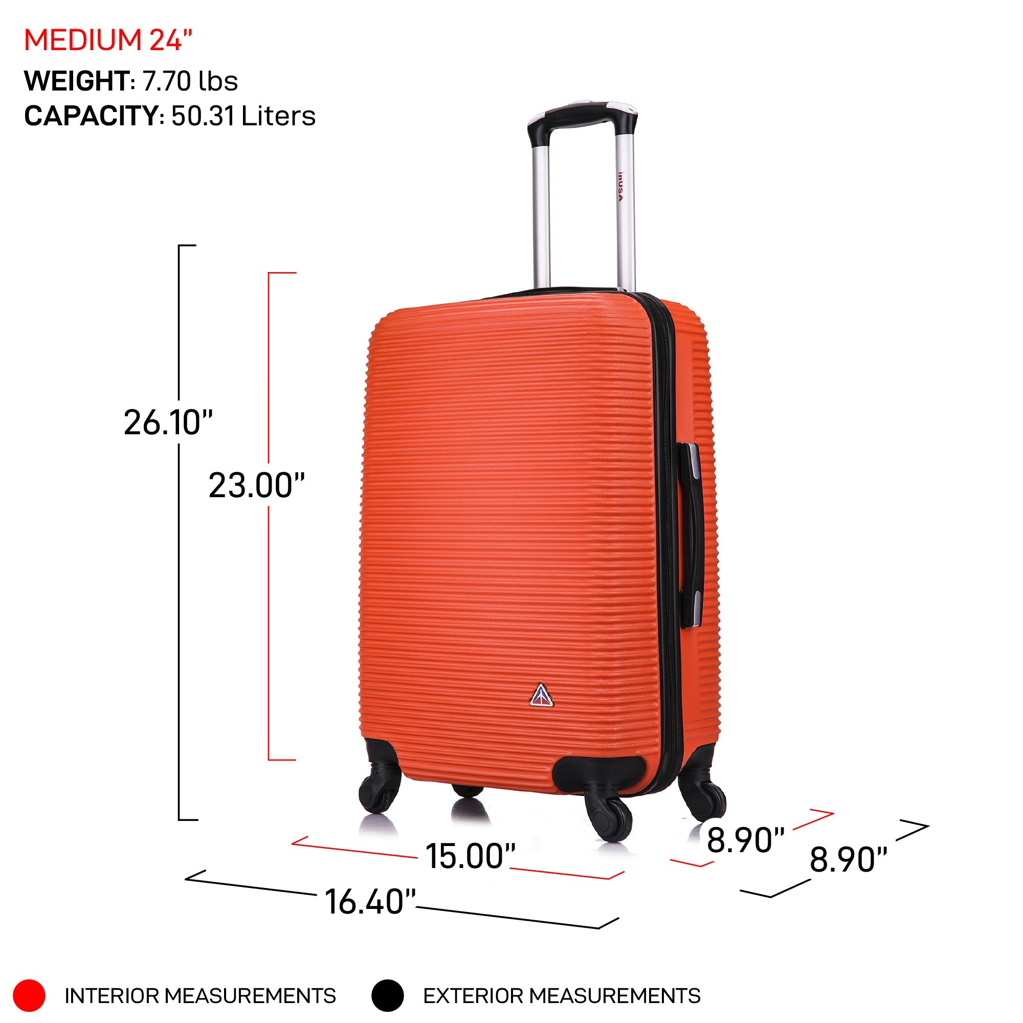 Orange suitcase with measurements and specifications on a white background