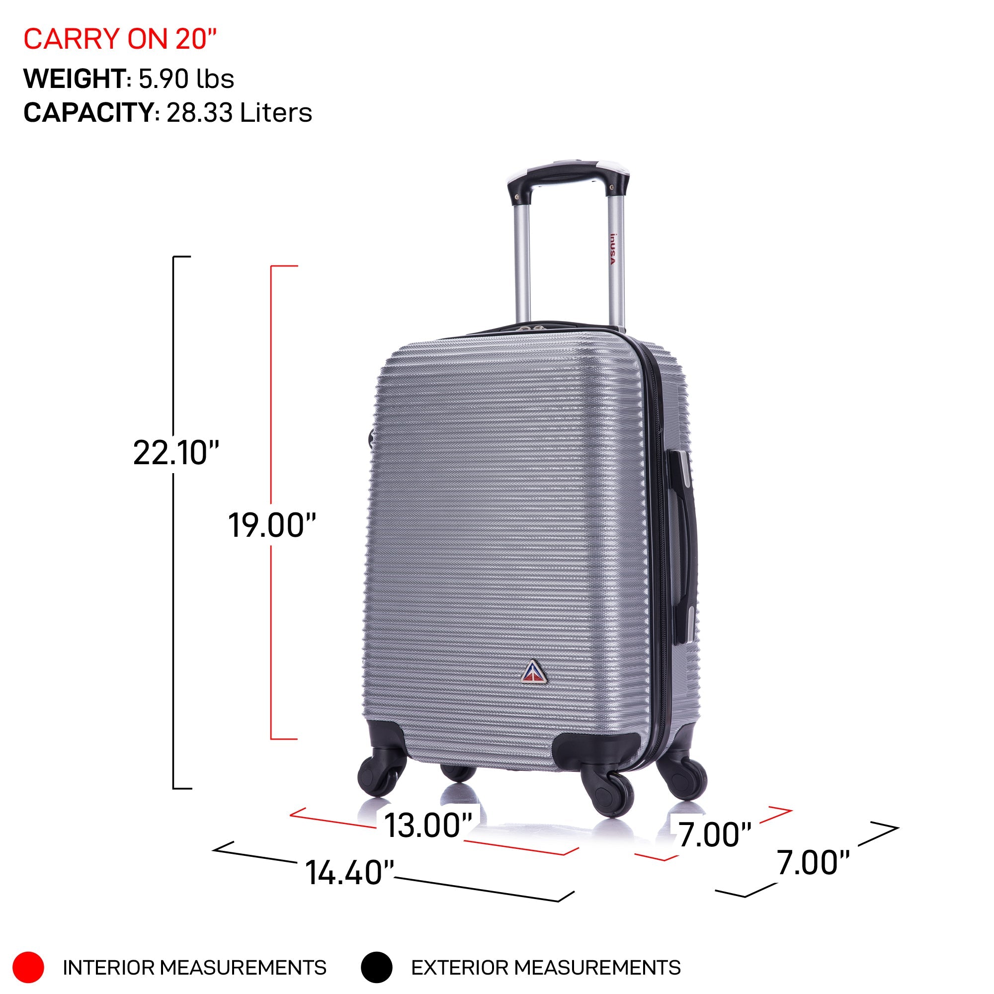 Silver suitcase with dimensions and weight capacity on a white background
