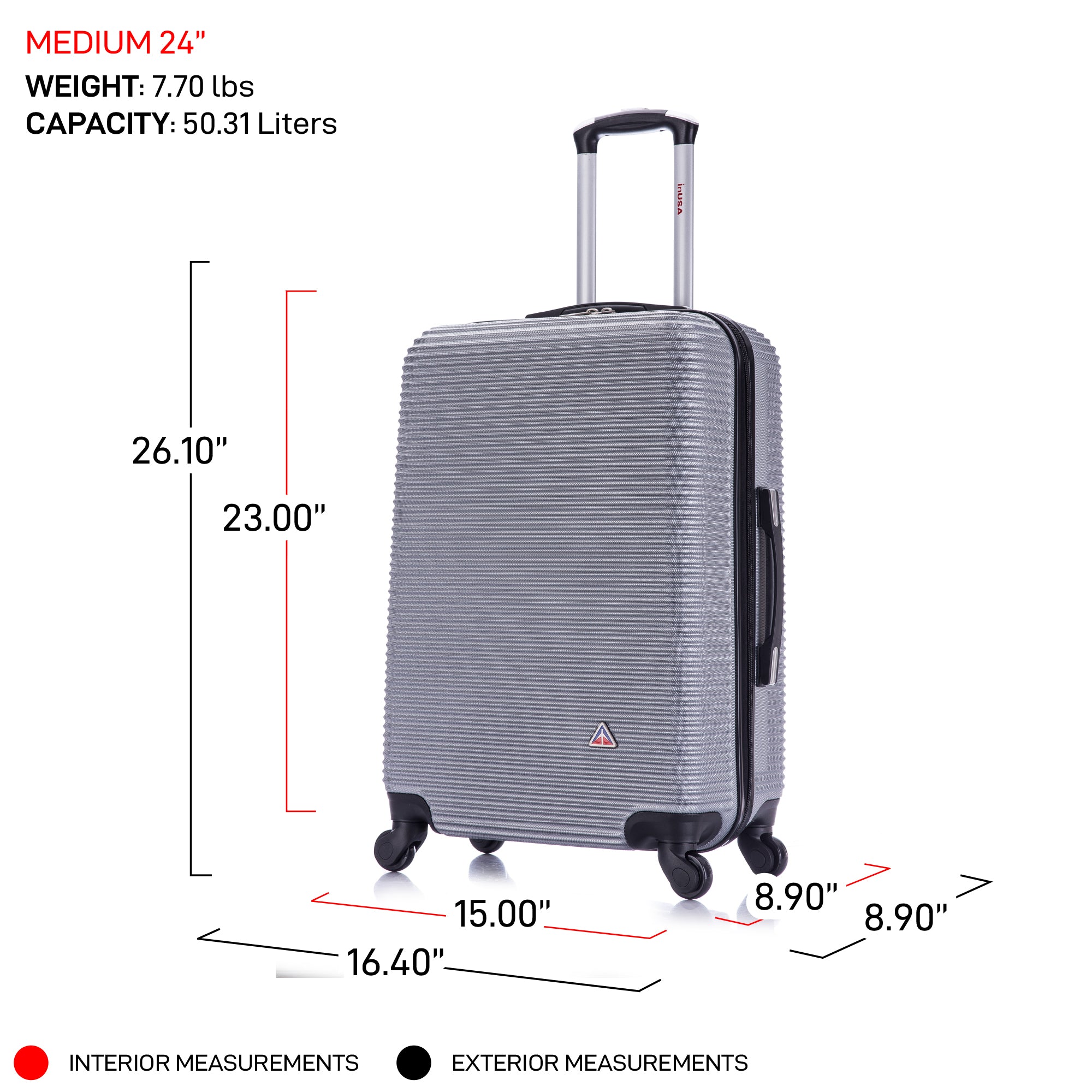 Gray suitcase with measurements on a white background