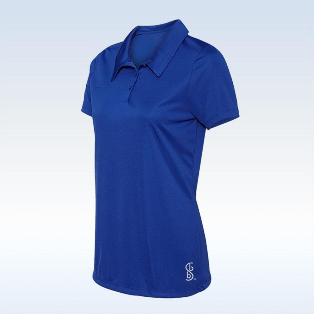 Blue polo shirt with a logo on a light blue background