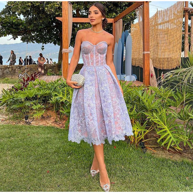 Strapless Printed Lace Party Dress