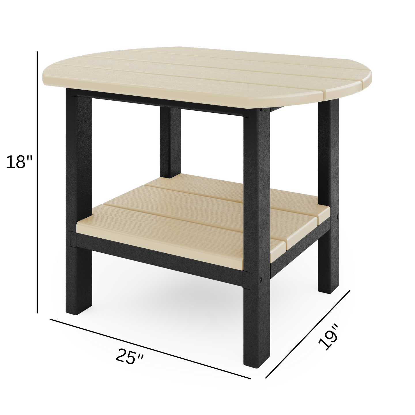 Hexagonal side table with dimensions on a white background