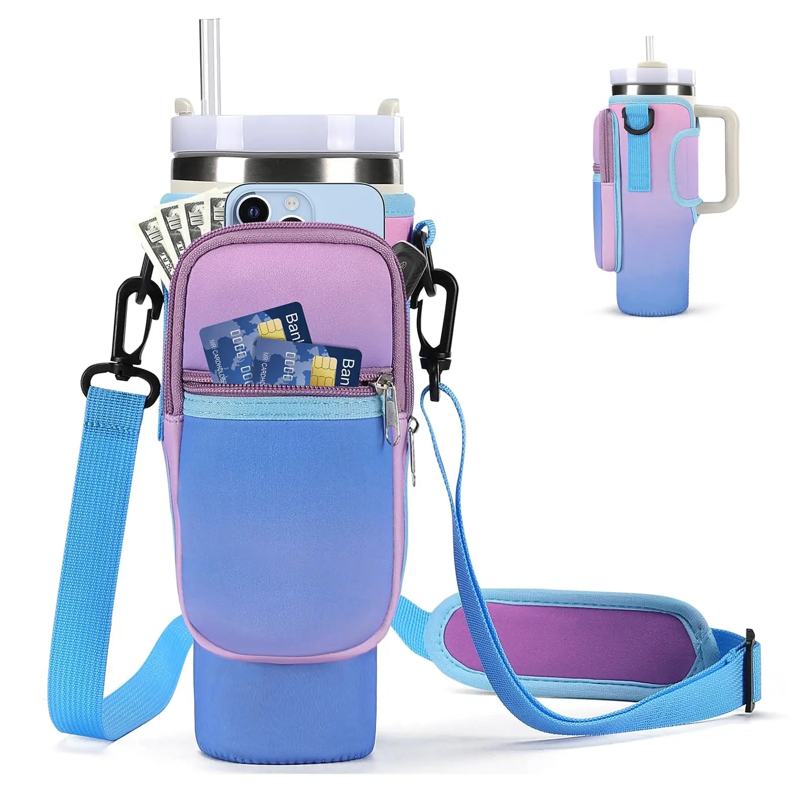 Water Bottle Carrier Bag for Tumblers with Phone Pocket