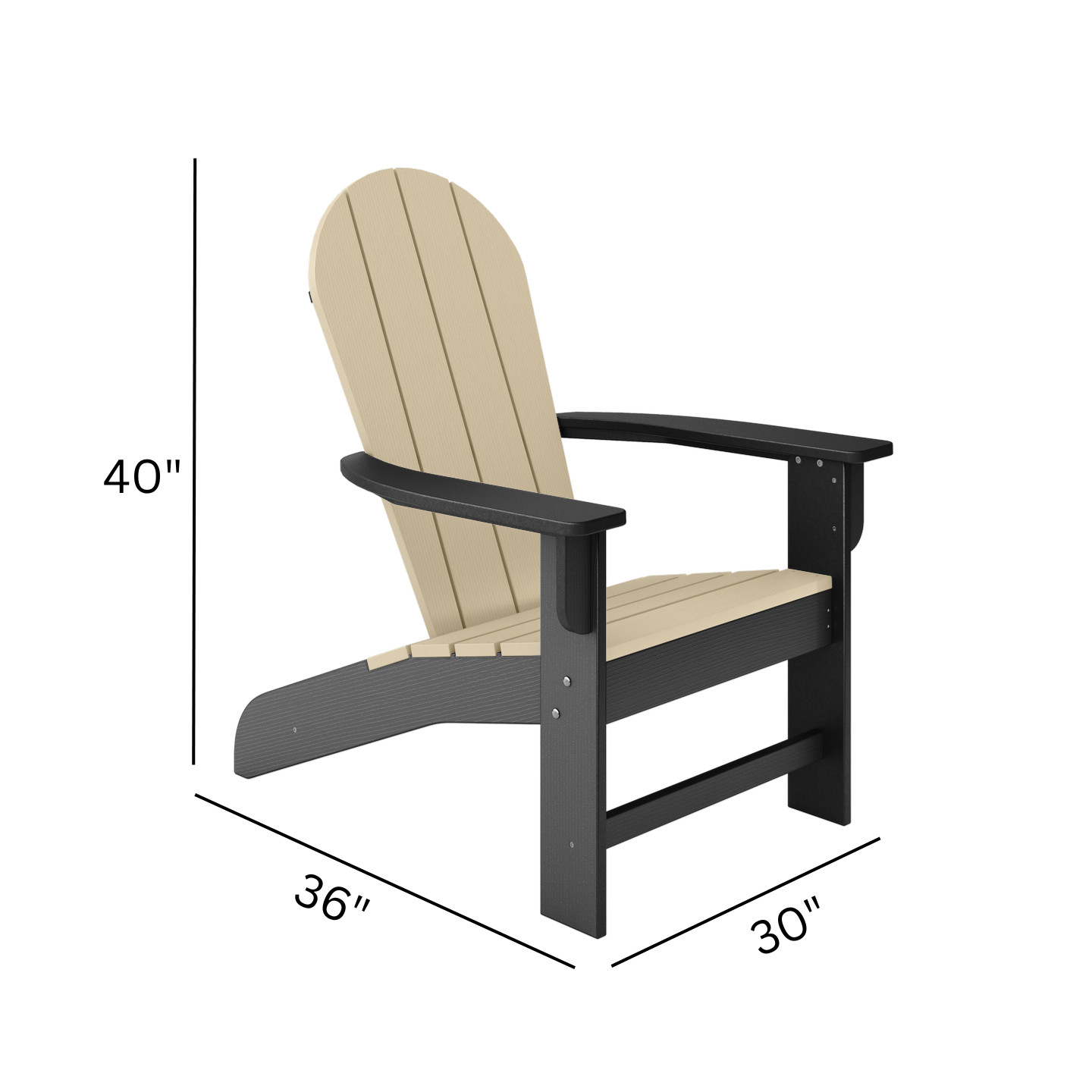 Beige and black Adirondack chair with dimensions on a white background