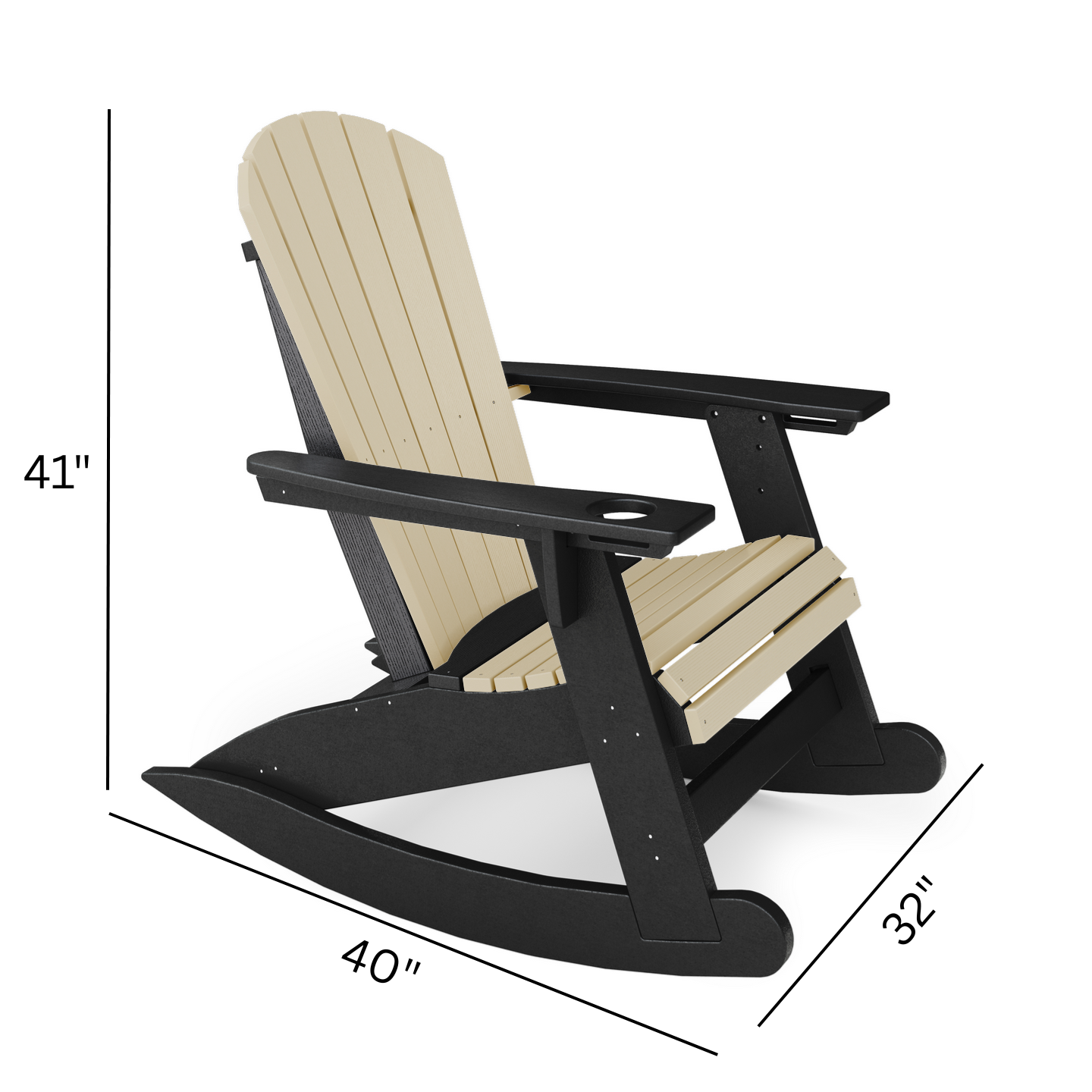 Black and beige rocking chair with dimensions on a white background