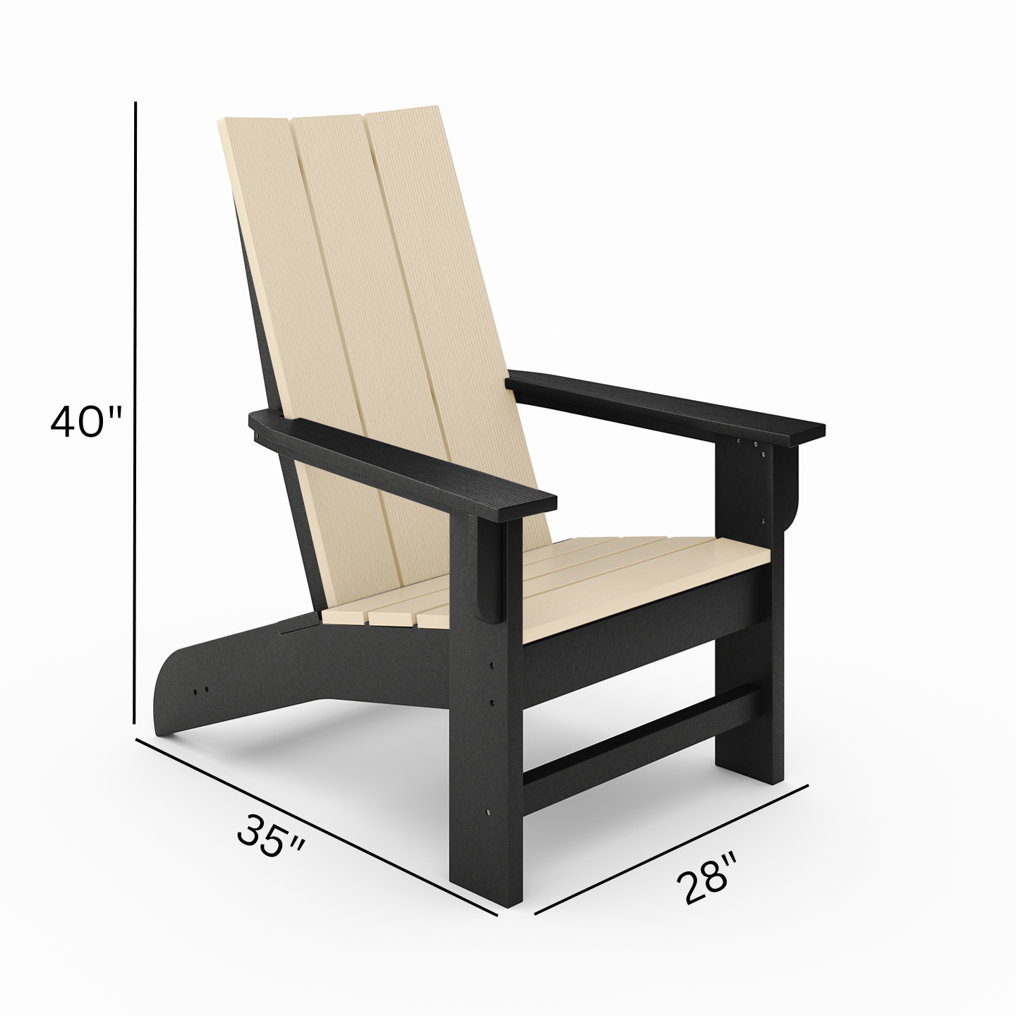 Beige and black Adirondack chair with dimensions on a white background