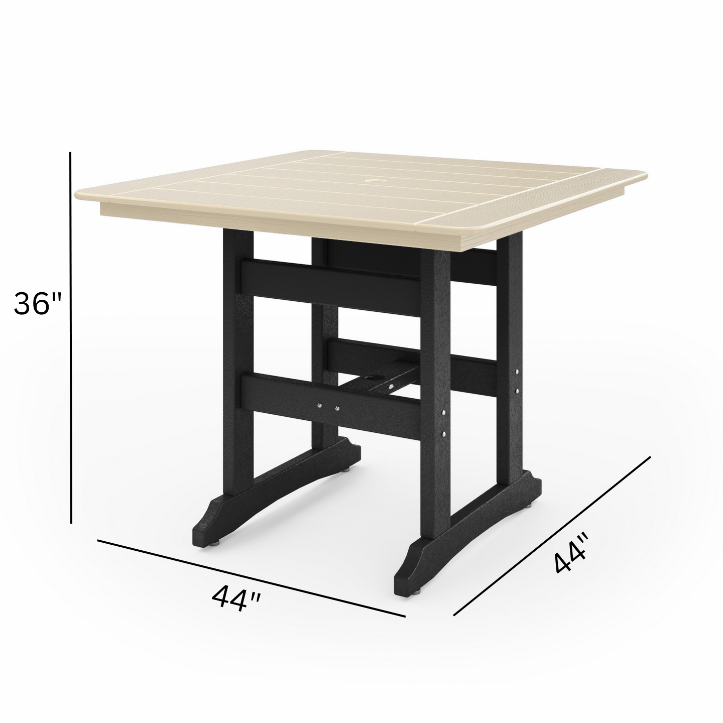 Hexagonal table with dimensions labeled on a white background