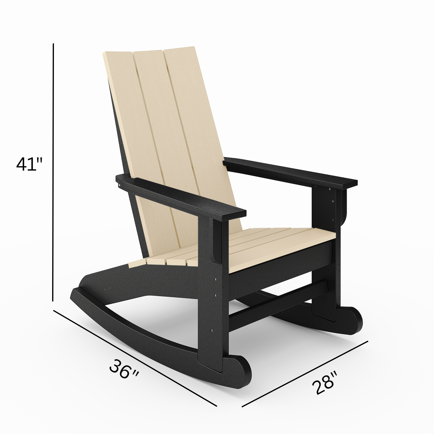 Black and beige rocking chair with dimensions on a white background