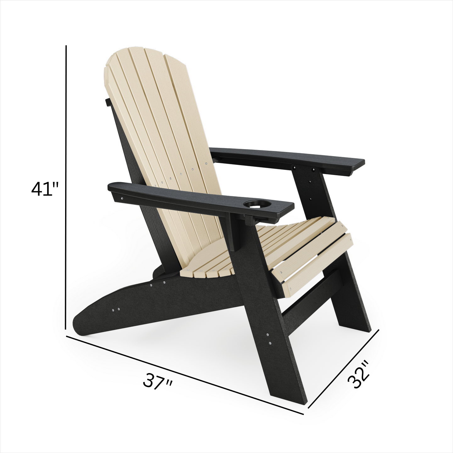 Wooden Adirondack chair with dimensions on a white background