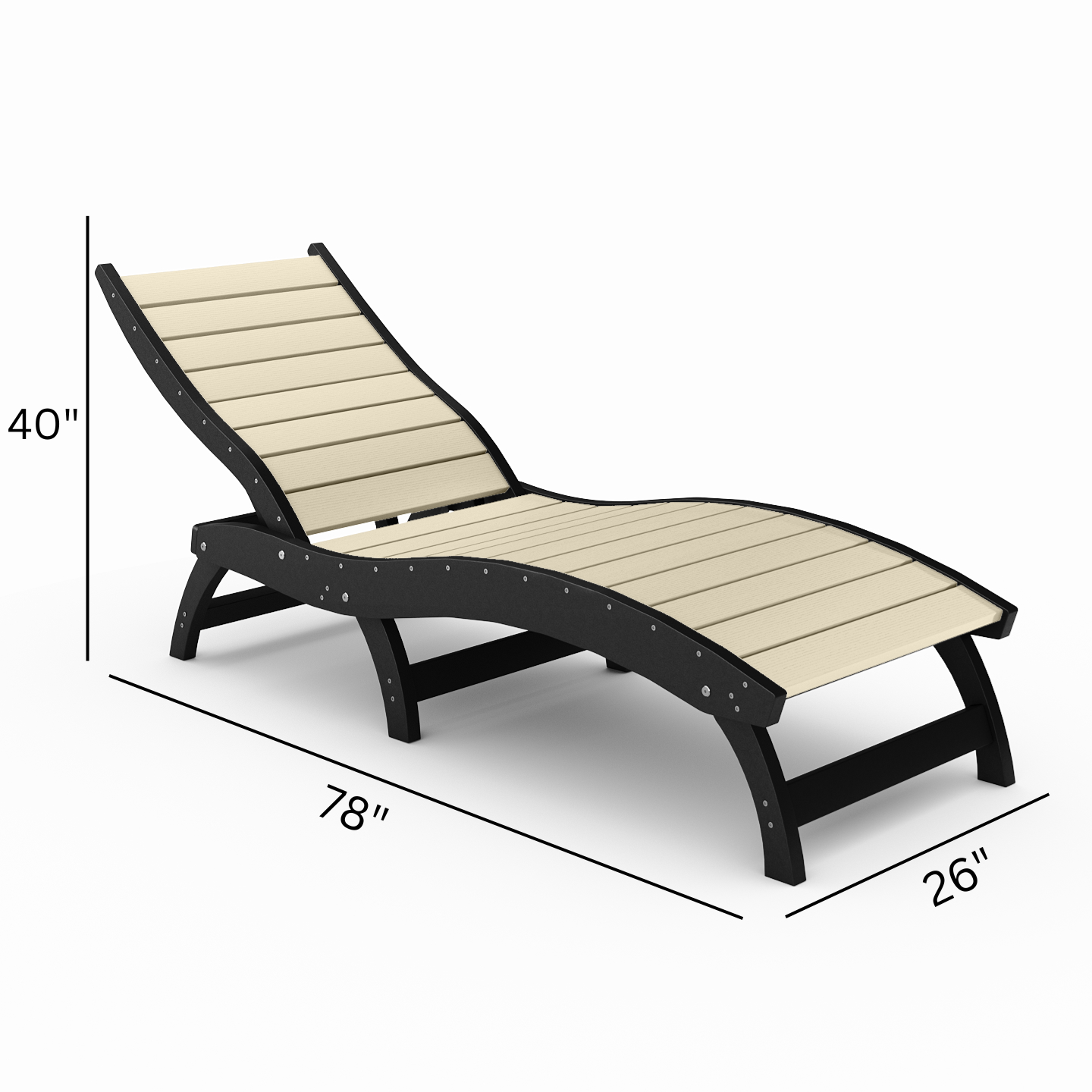 Beige lounge chair with black frame and dimensions on a white background