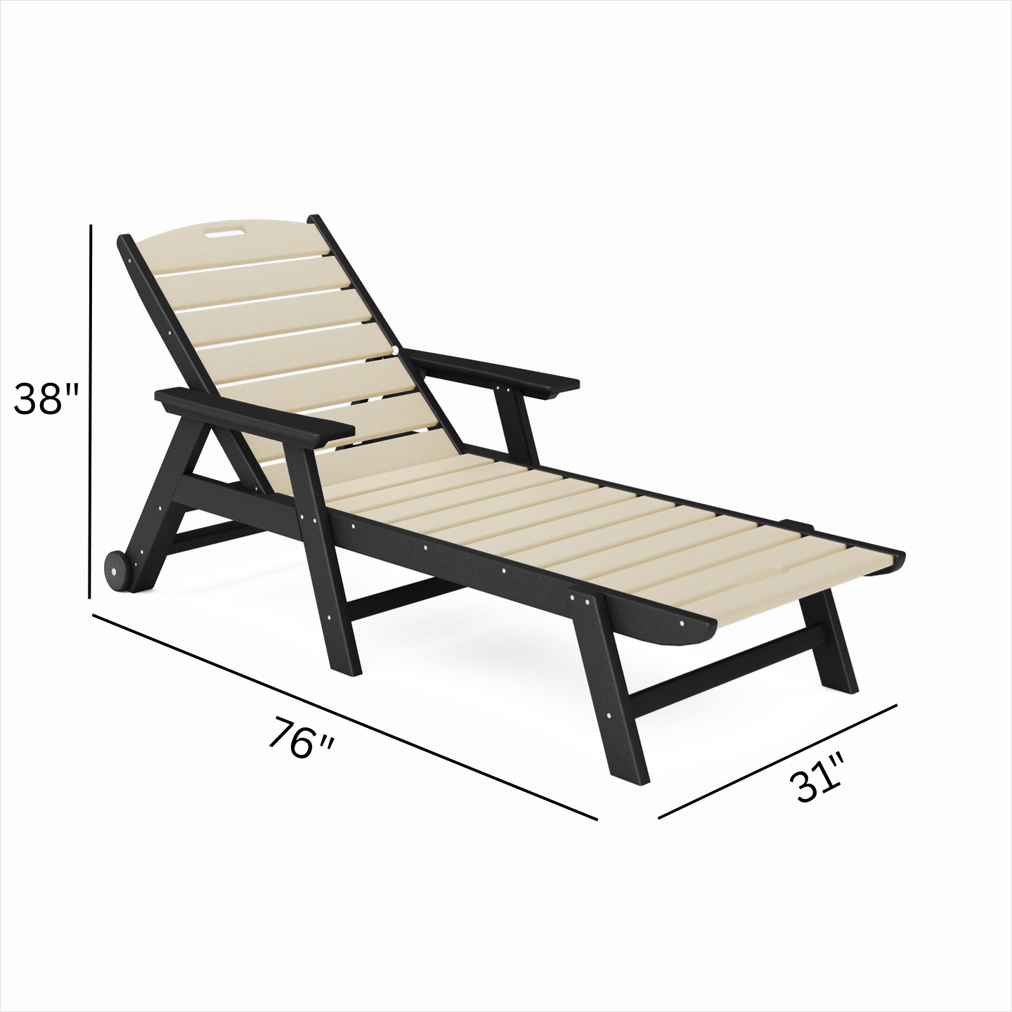 Beige lounge chair with black frame and dimensions on a white background