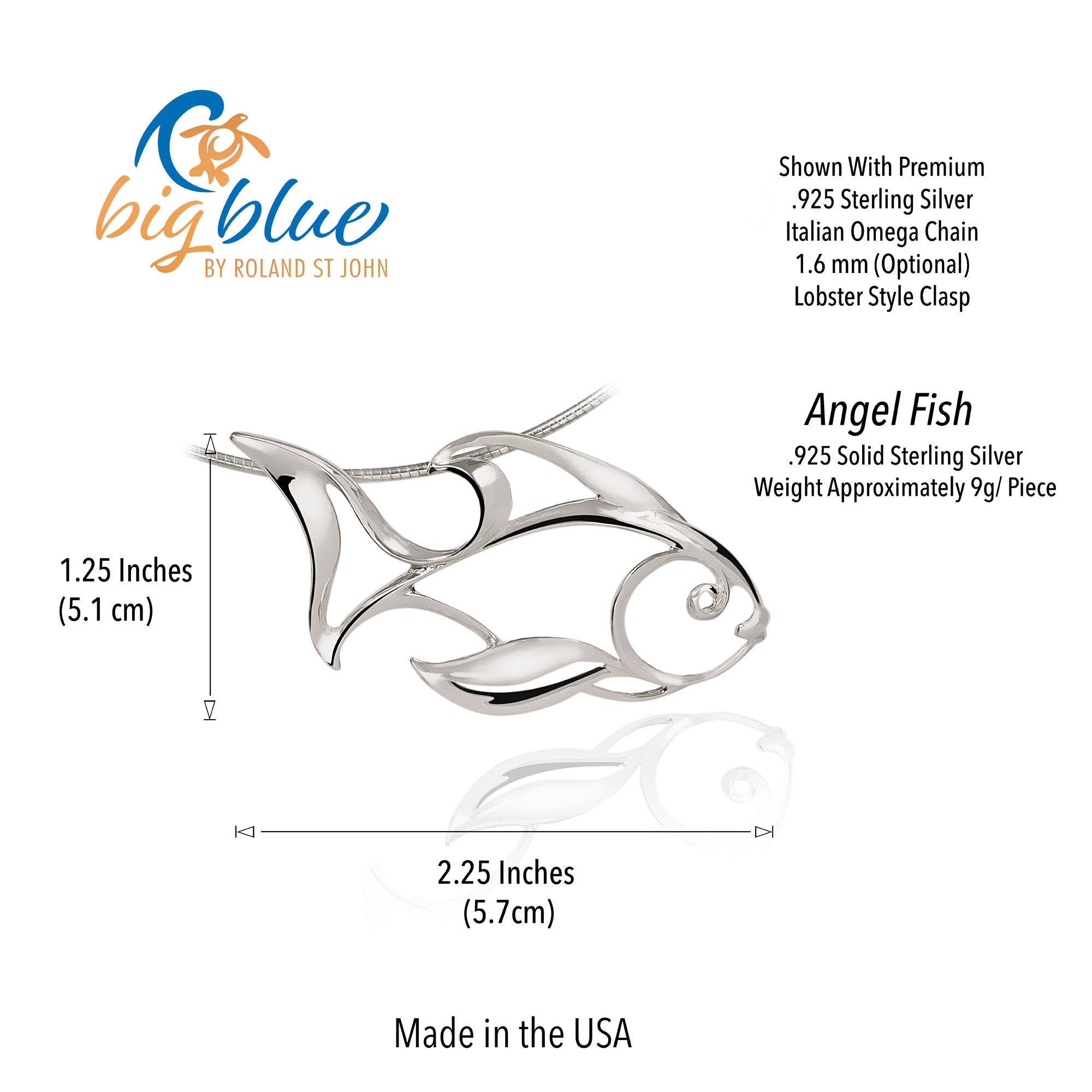 Silver angel fish pendant with measurements and Big Blue by Roland St. John branding.