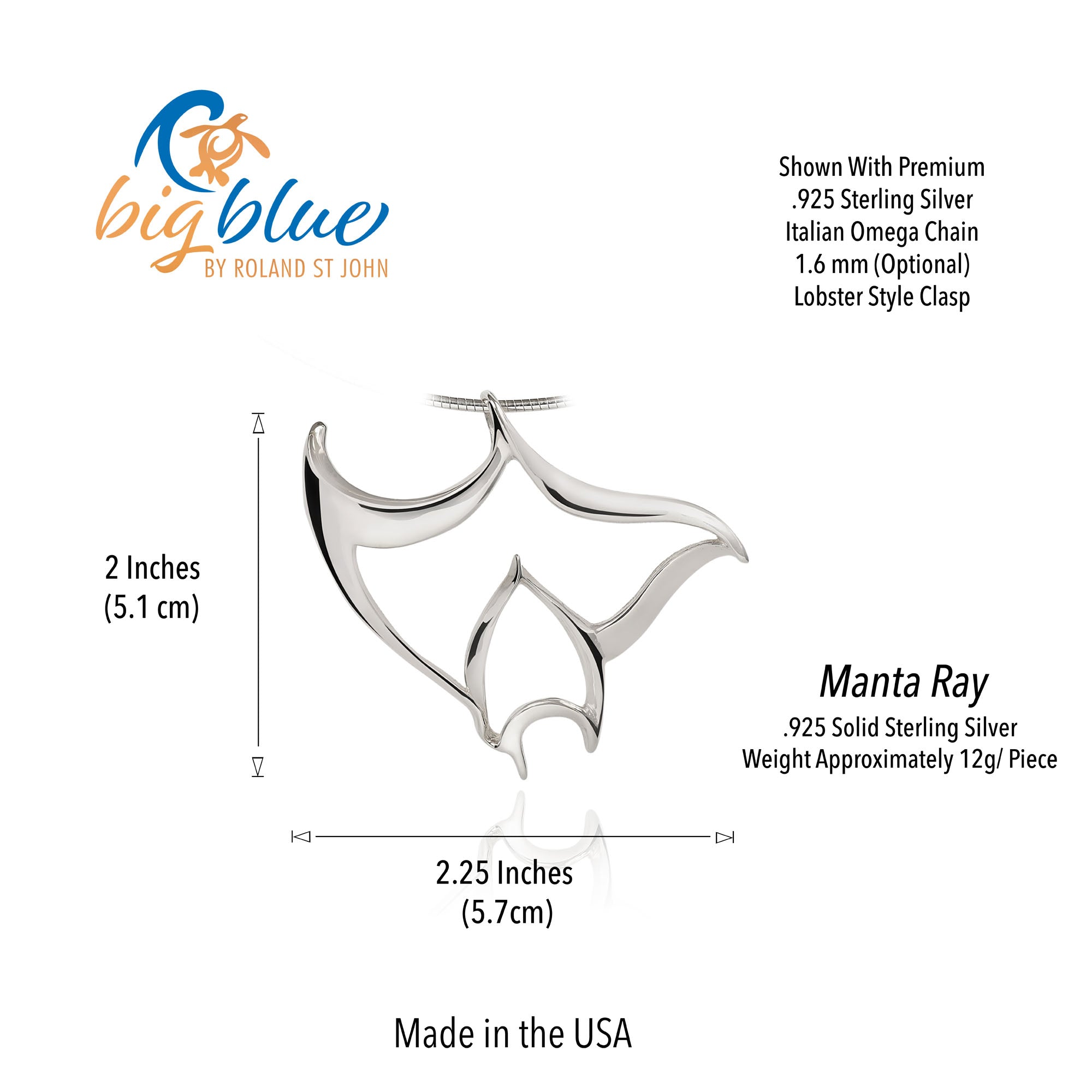 Silver Manta Ray pendant with measurements and Big Blue by Roland St. John branding.