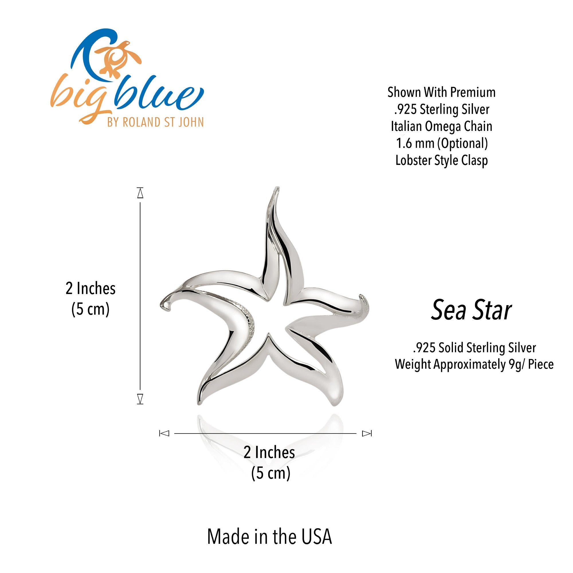 Silver sea star pendant with measurements and product details on a white background