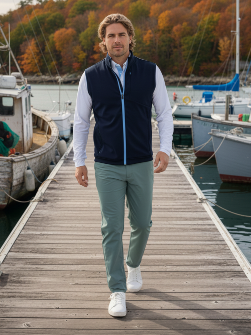 Man walking on a dock with boats and autumn trees in the background