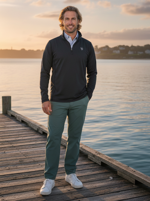 Man standing on a dock by a lake wearing a dark long-sleeve shirt and light green pants.
