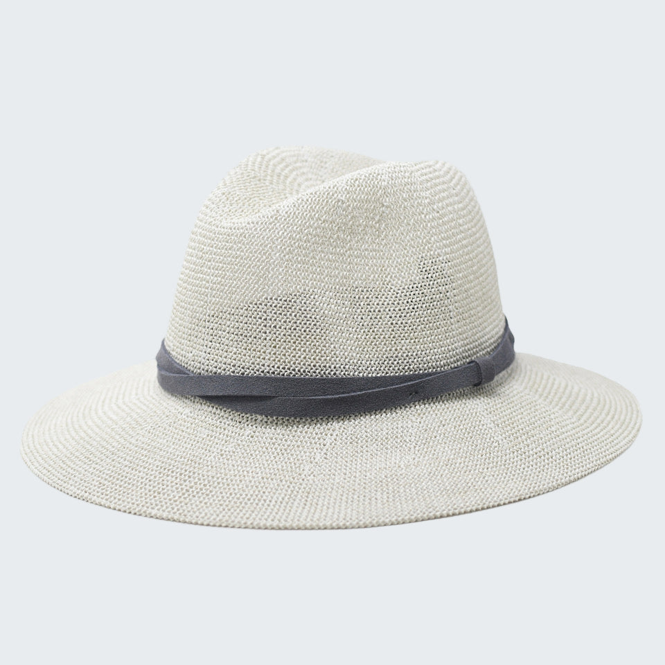 Light gray straw hat with a dark band on a white background