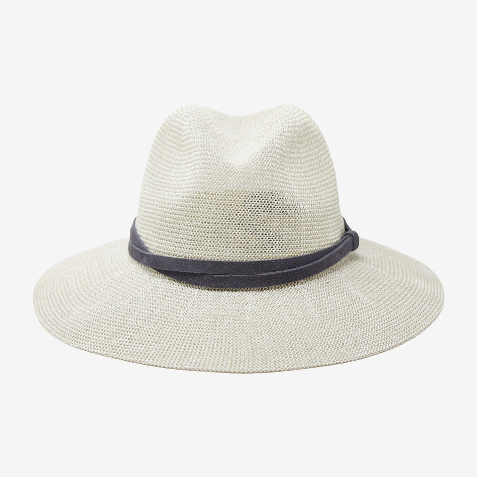 Beige straw hat with a black band on a white background