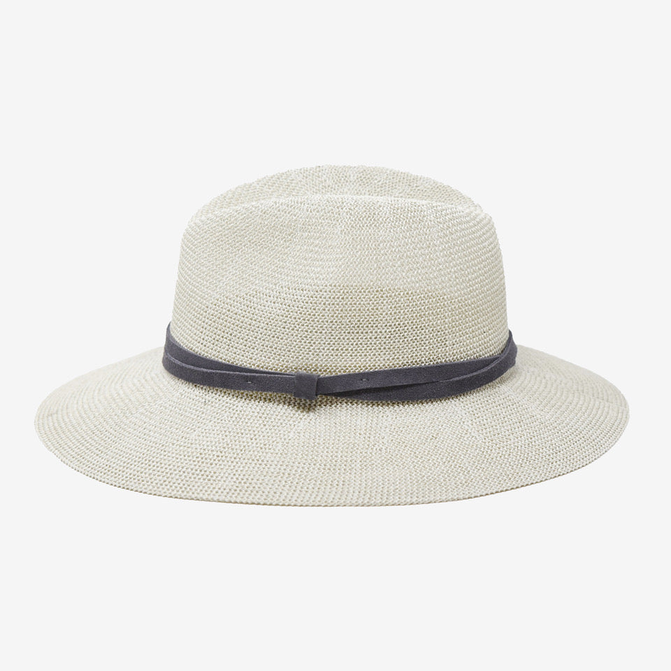 Beige straw hat with a black band on a light gray background