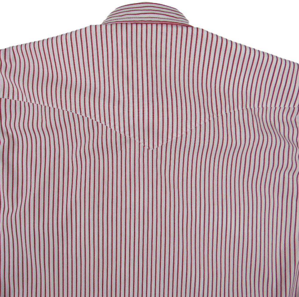 Back view of a red and white striped shirt on a white background