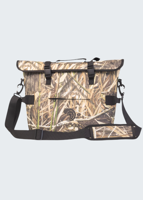 Camouflage cooler bag with shoulder strap on a white background