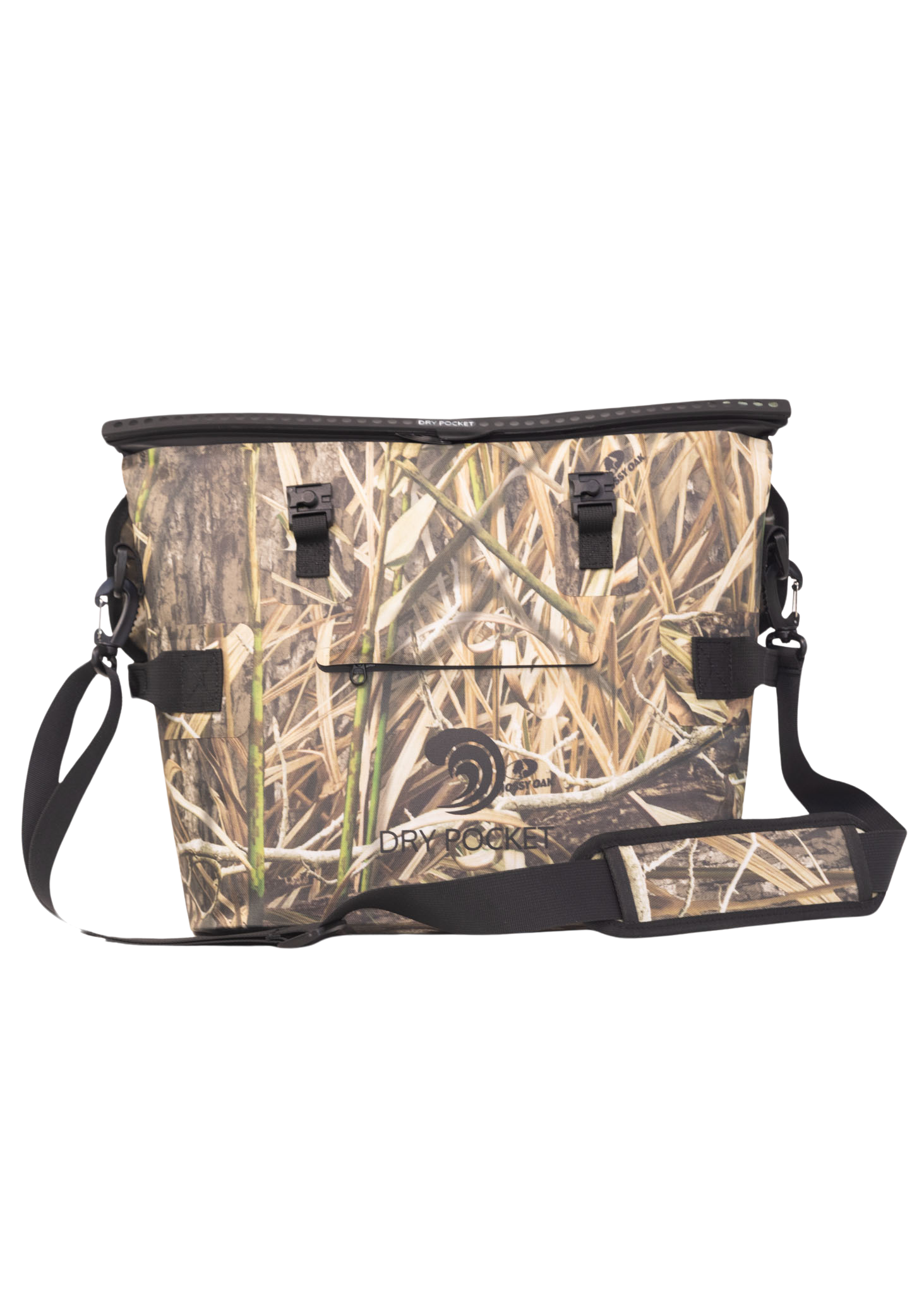 Camouflage cooler bag with shoulder strap on a white background