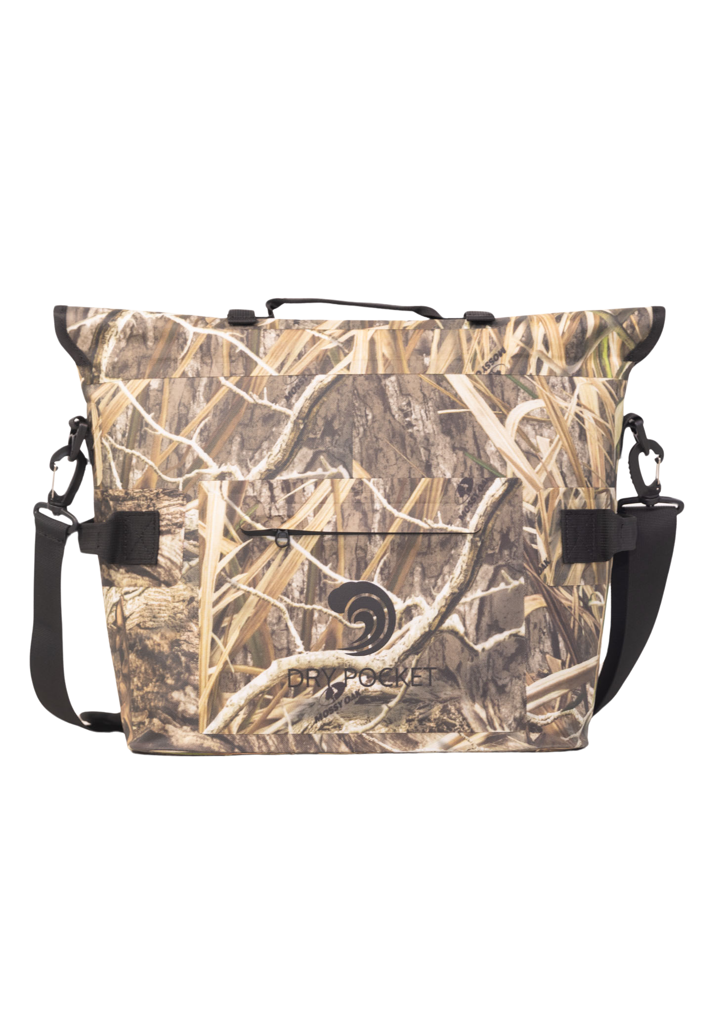 Camouflage bag with black straps on a white background