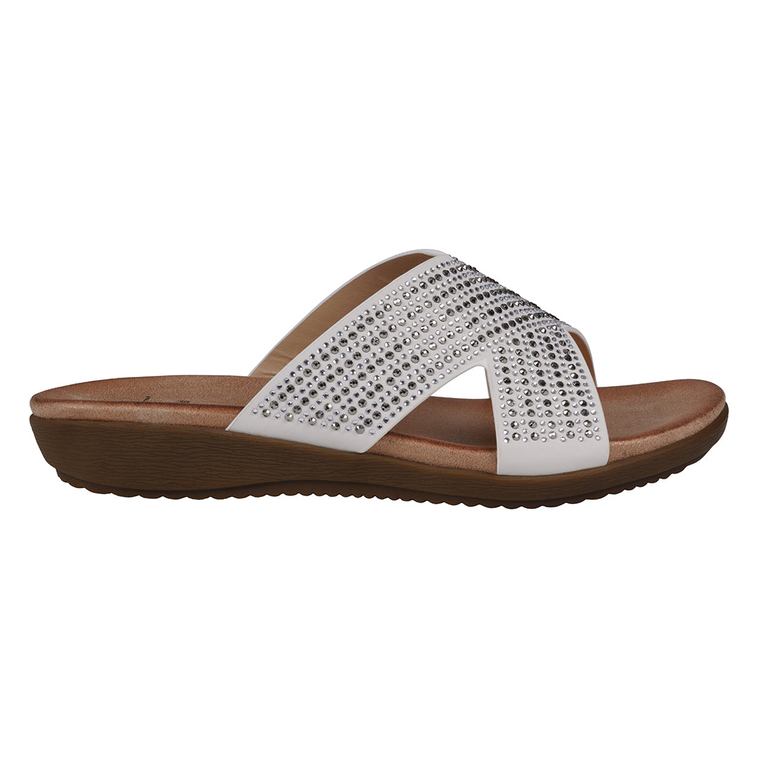 GC Shoes Women's Sharlene Off White Embellished Cross-Strap Flat Sandals