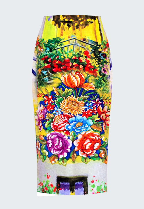 Colorful skirt with floral and landscape design on a white background