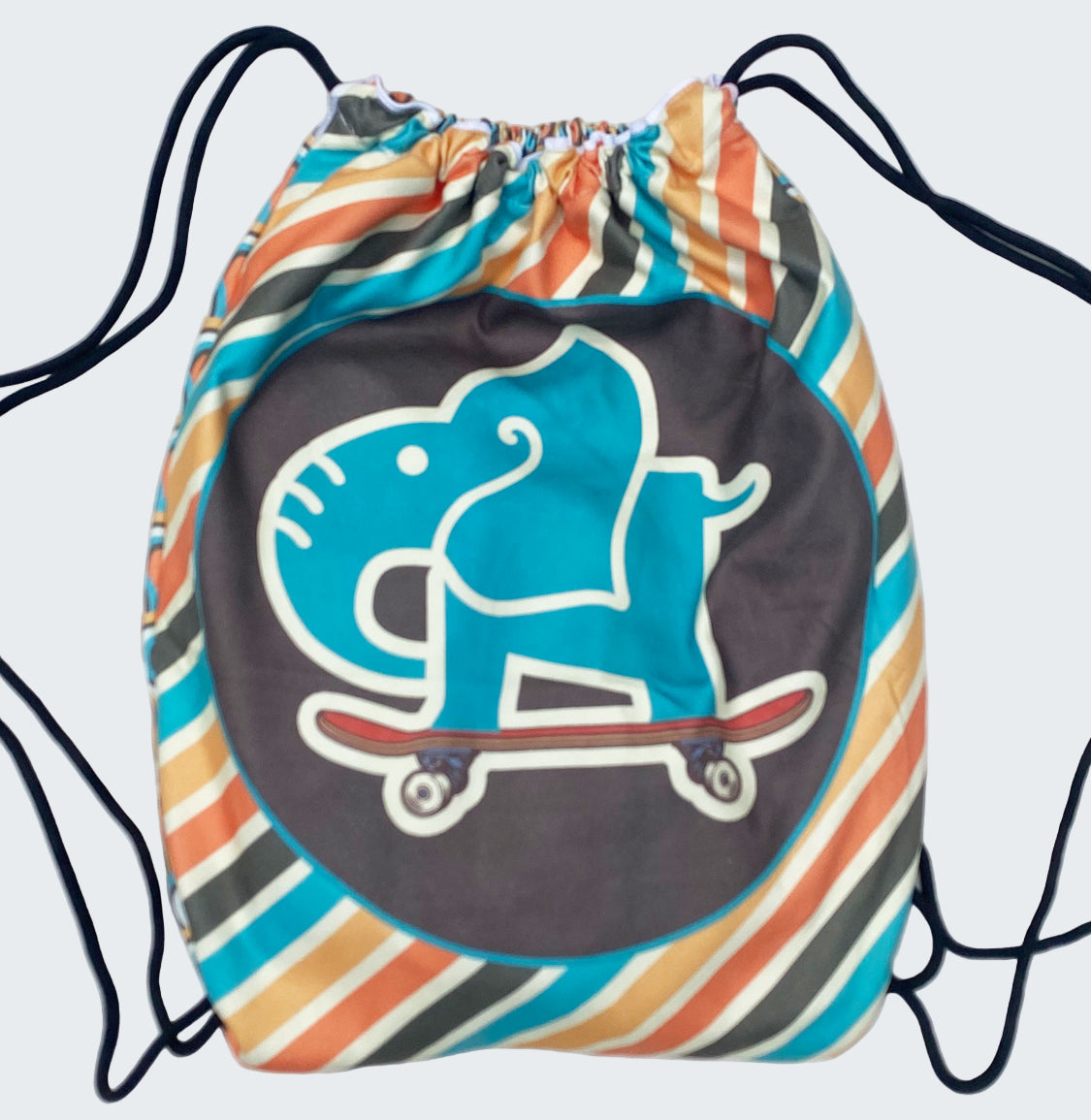 Drawstring bag with colorful stripes and a blue elephant graphic on a white background