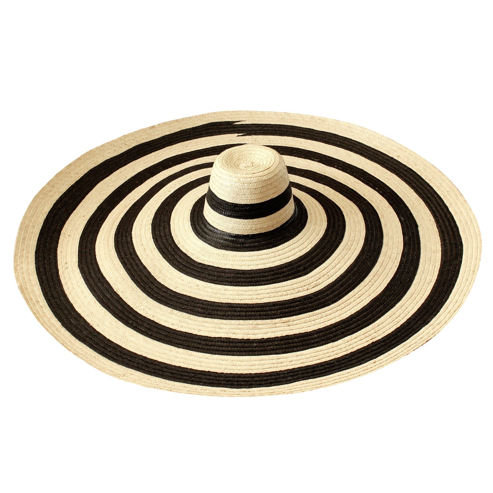 Wide-brimmed straw hat with black and beige stripes on a white background