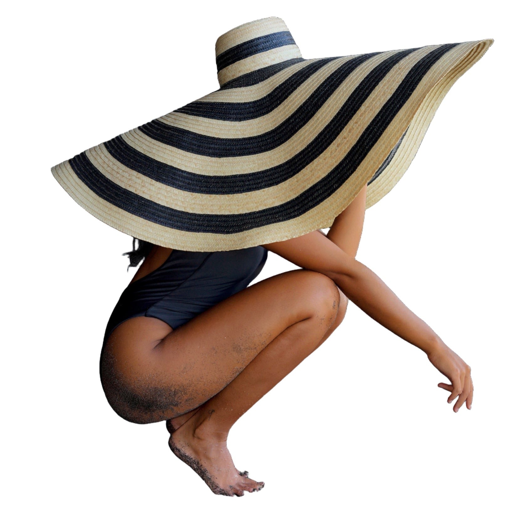 SOLANA Oversized Striped Straw Hat in Black & Natural