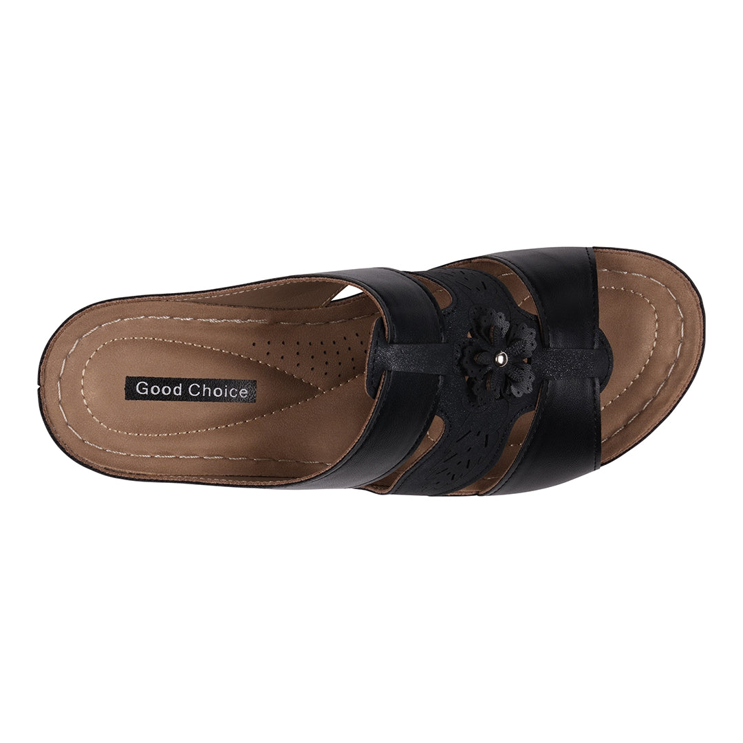 Black sandal with 'Good Choice' label on a white background