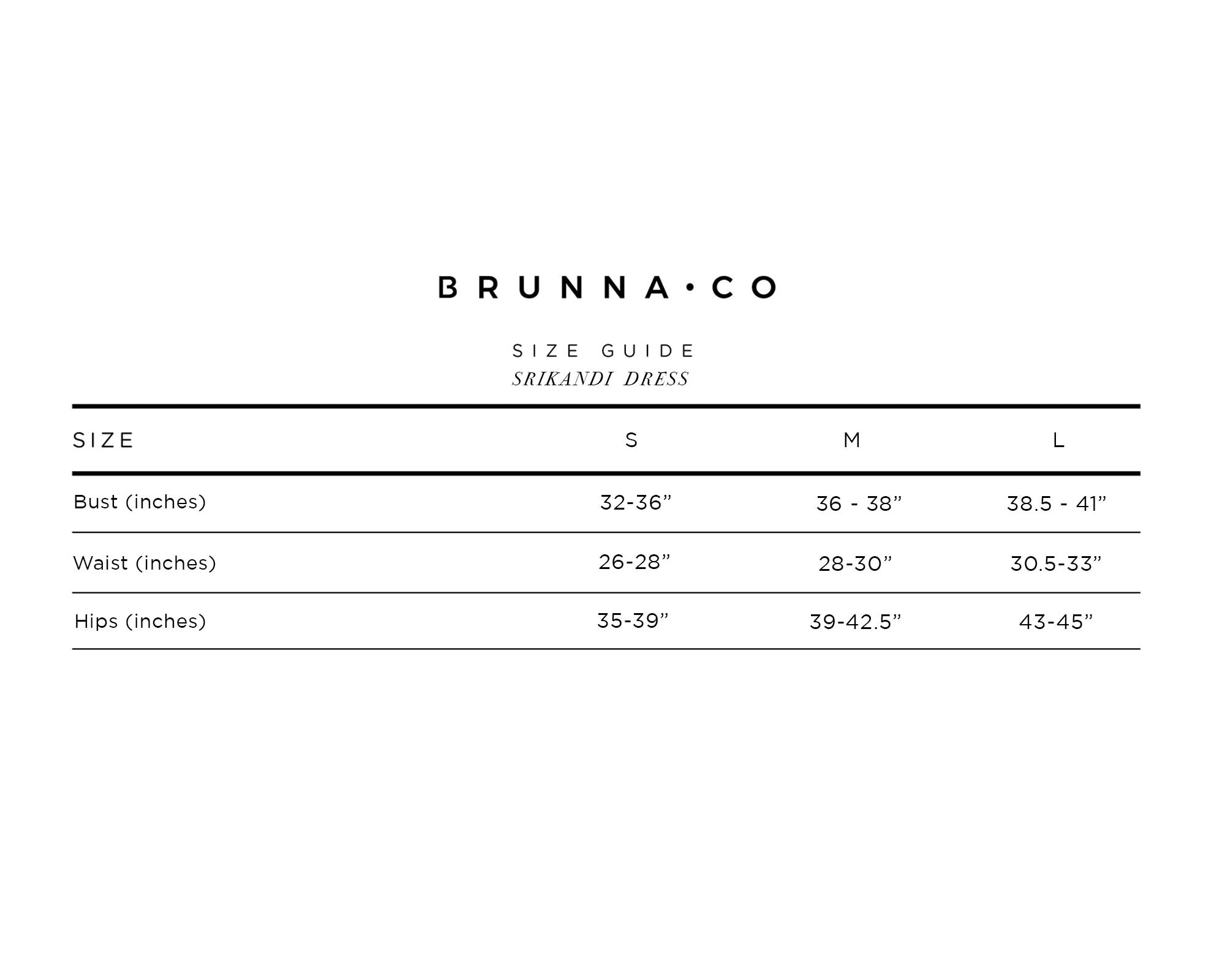 Brunnaco size guide for a Srikandi dress on a white background