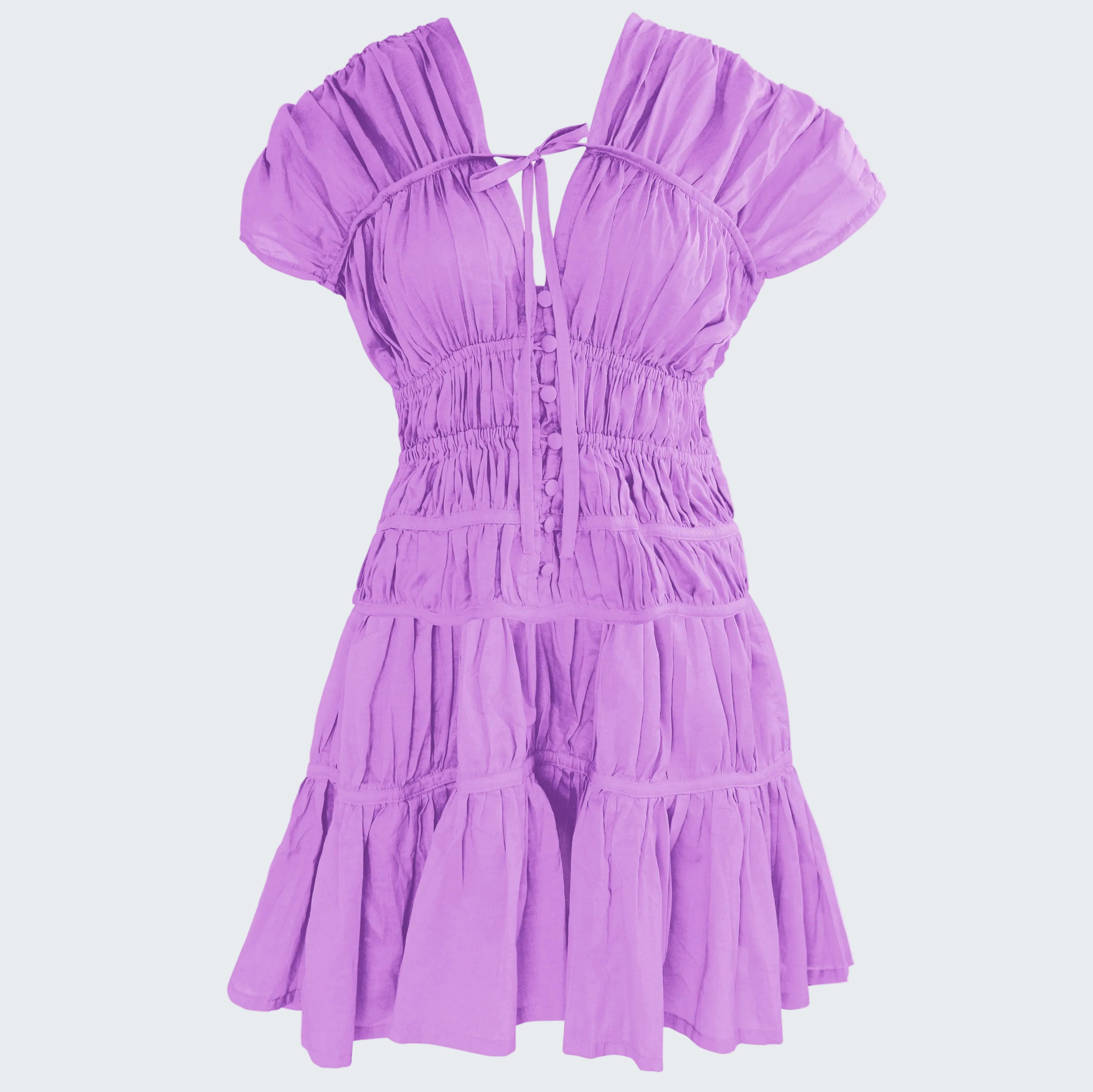 Purple dress with ruffled details on a white background