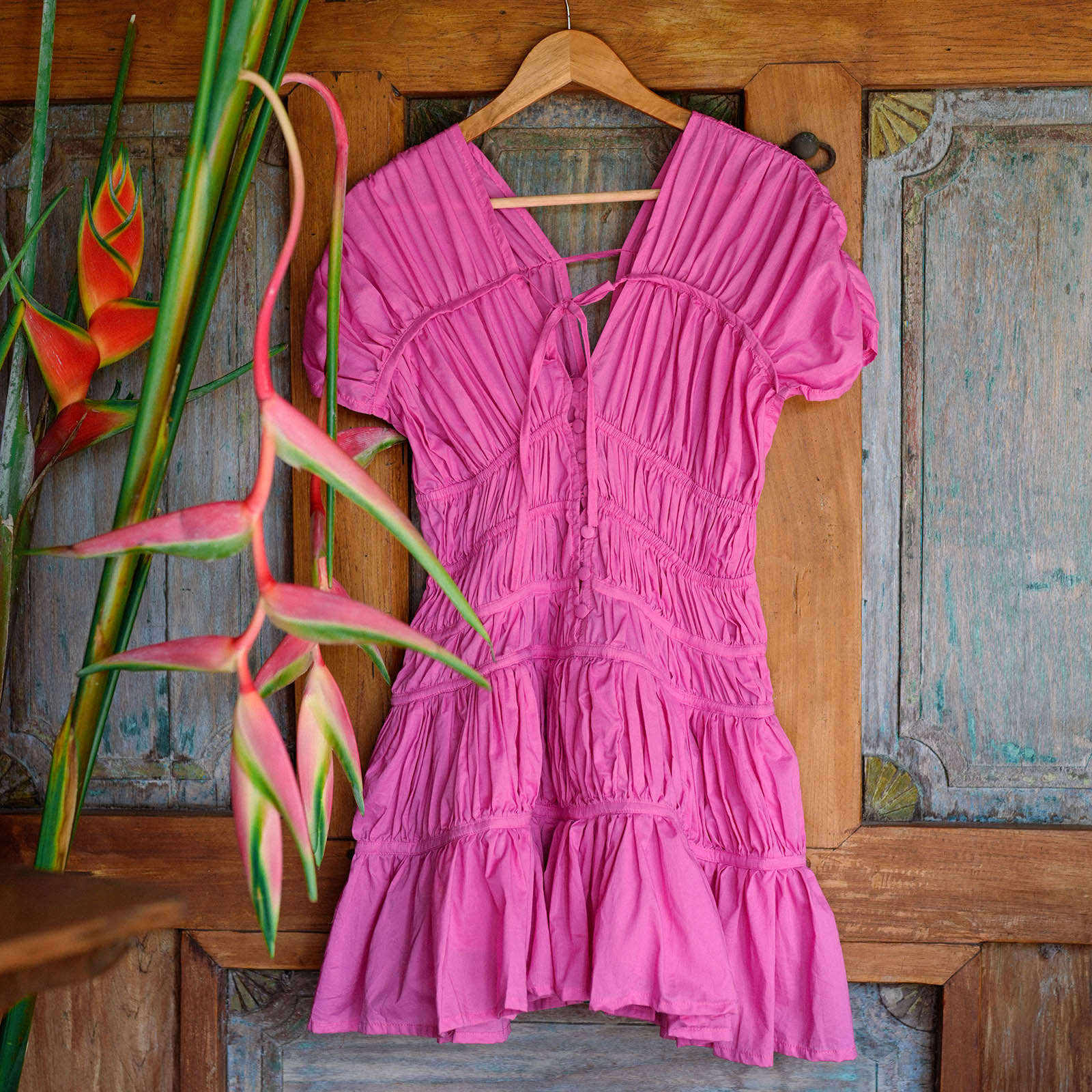 Pink dress on a wooden hanger against a rustic wooden wall with plants.