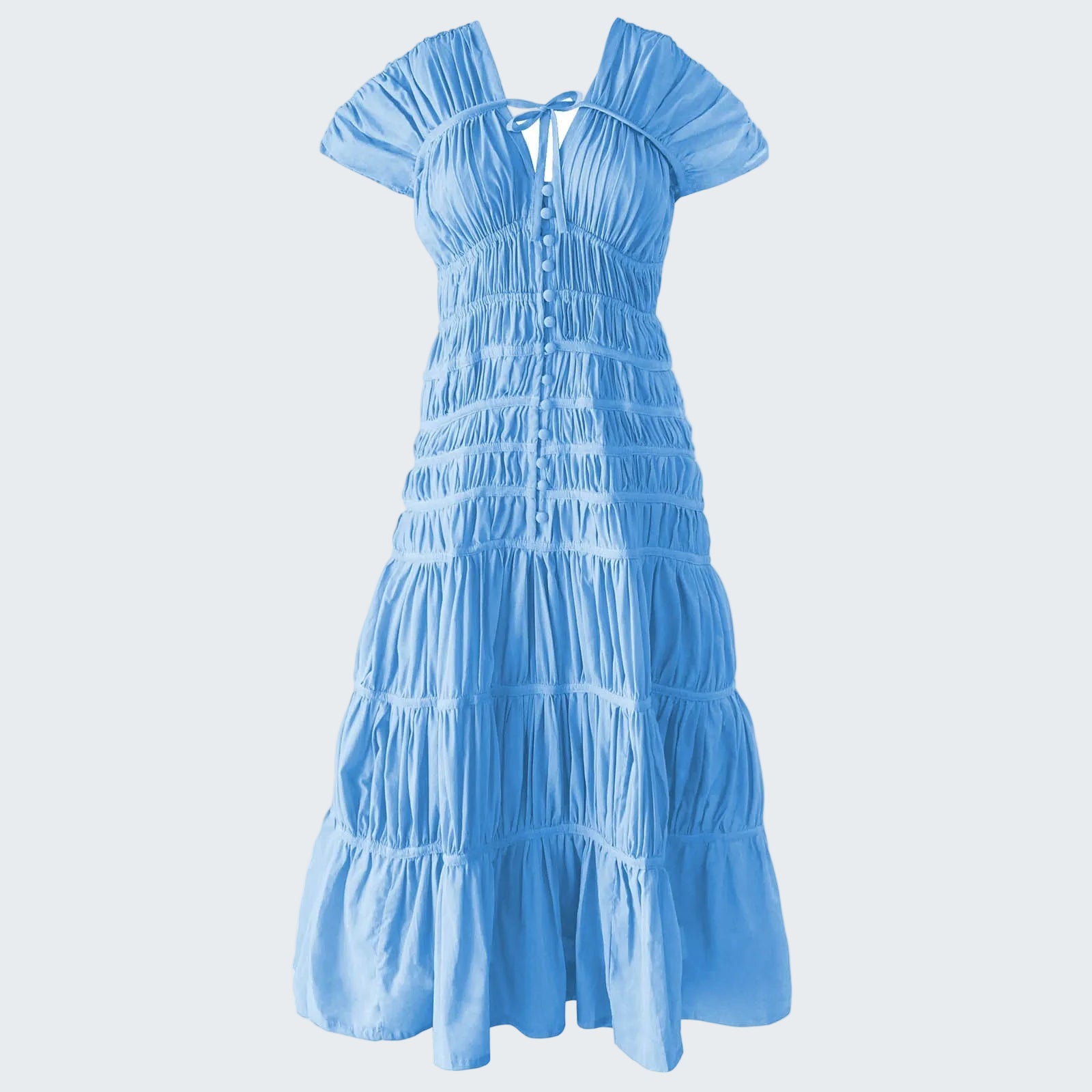 Blue tiered dress on a white background