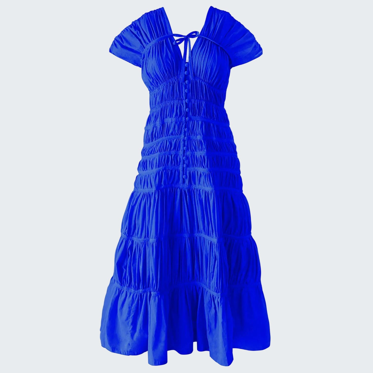 Blue dress with ruffled layers on a white background