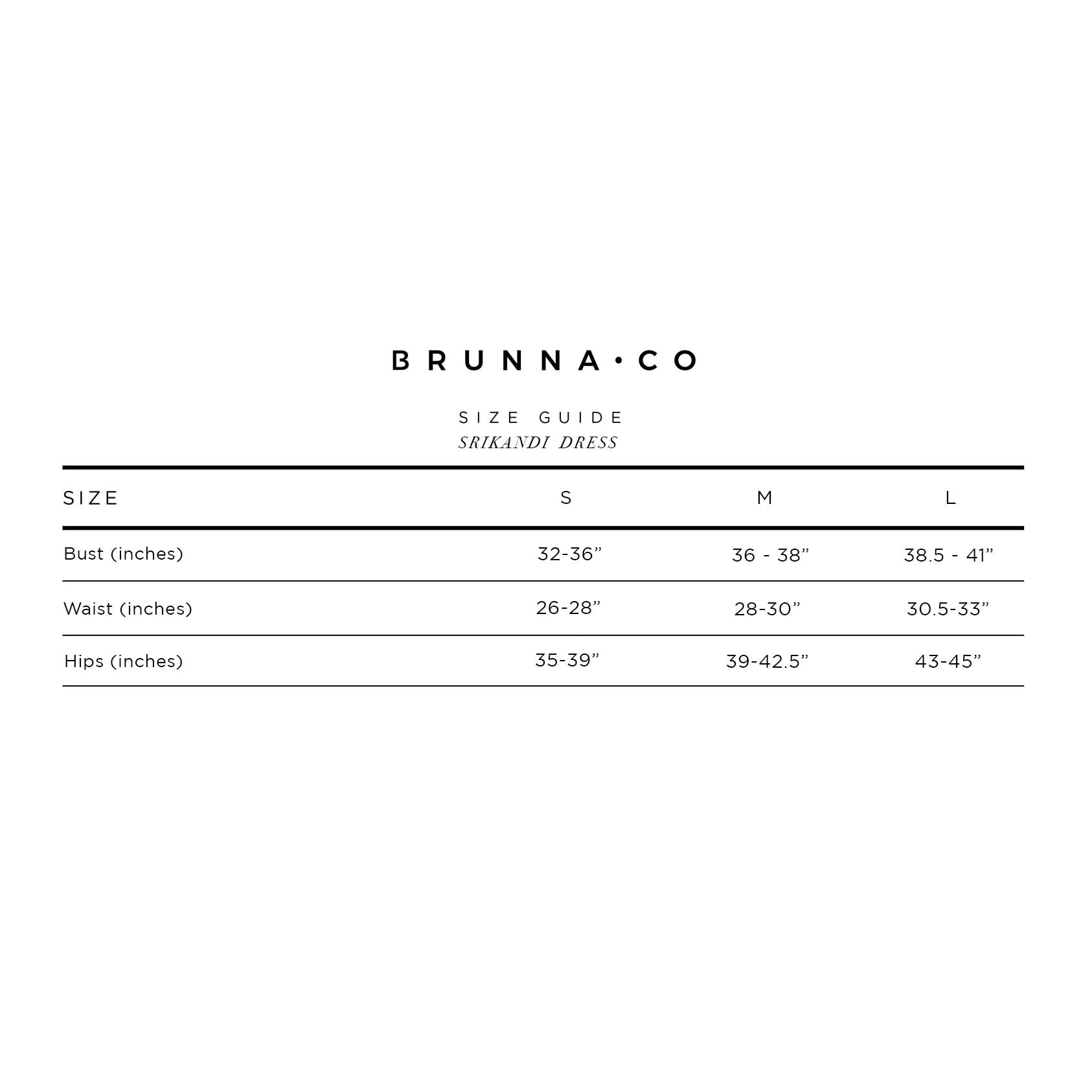 Brunna & Co. size guide for Srikandi dress on a white background