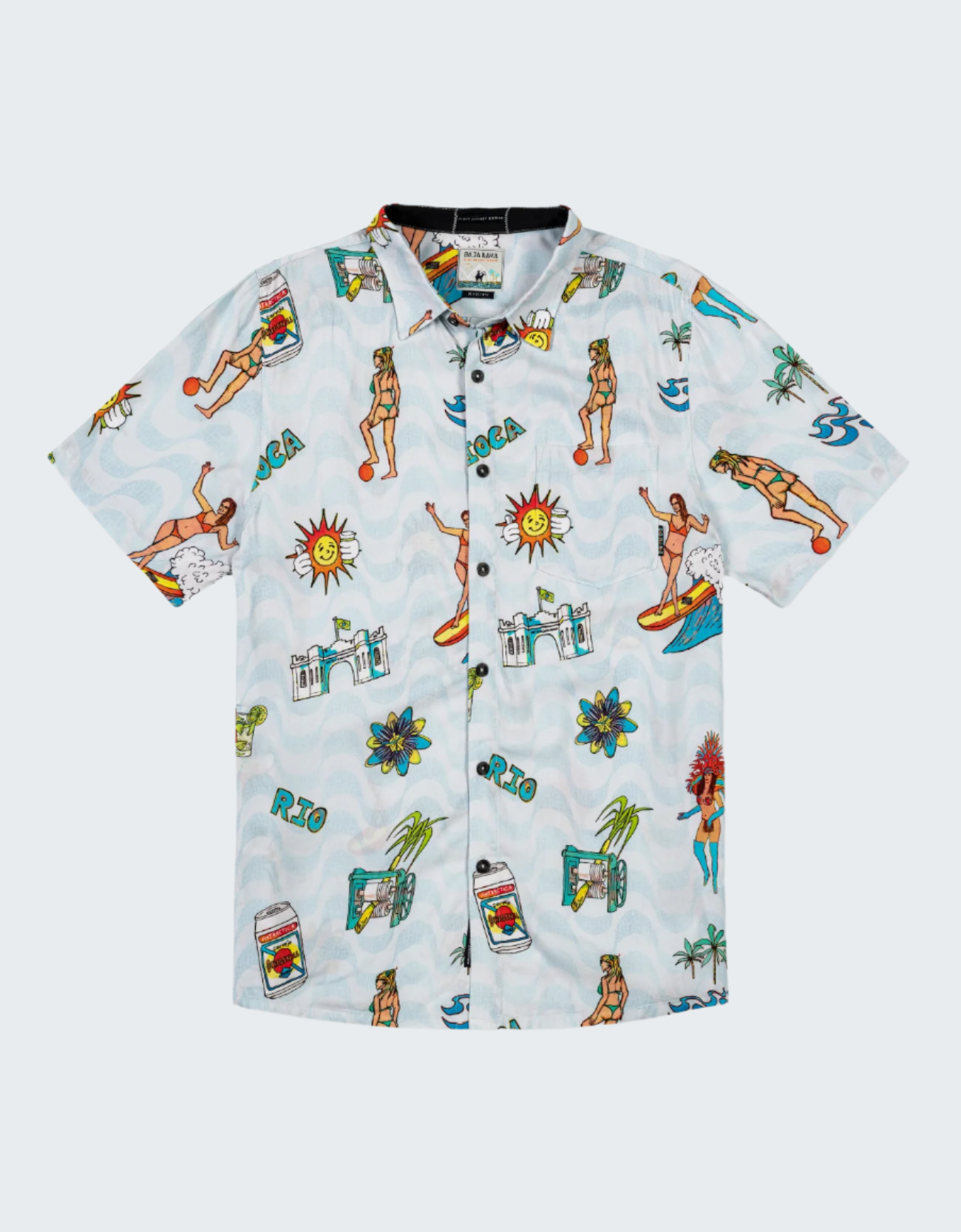 Short-sleeve shirt with summer-themed design on a white background