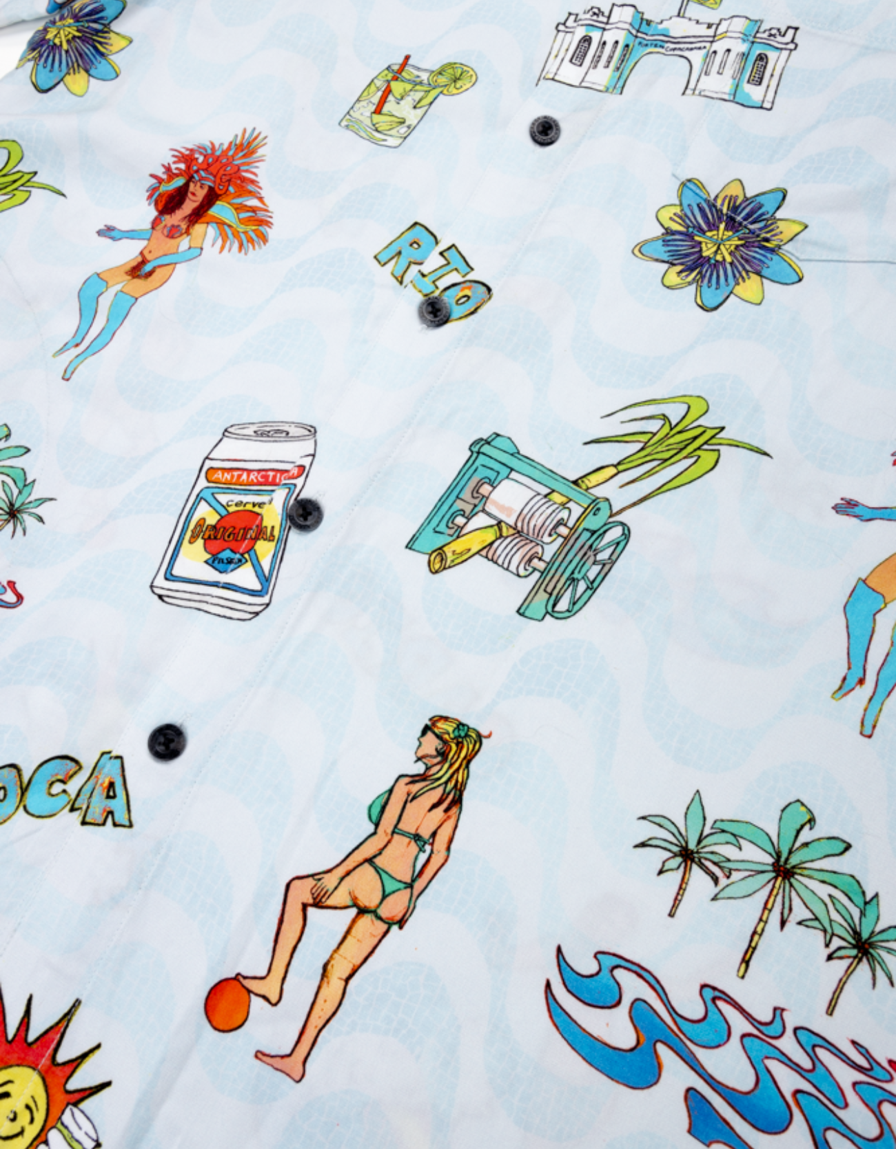 Colorful fabric with beach-themed designs including a bikini-clad woman, sun, palm trees, and a can.