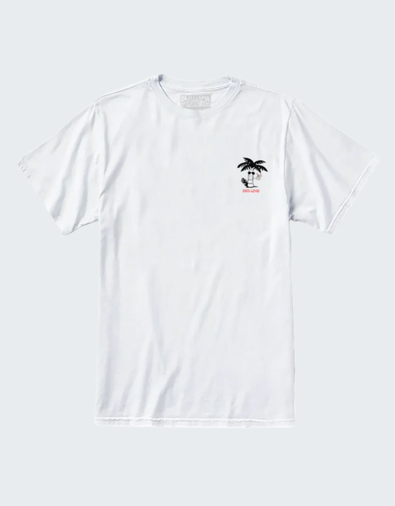 White t-shirt with a small graphic on the chest against a white background