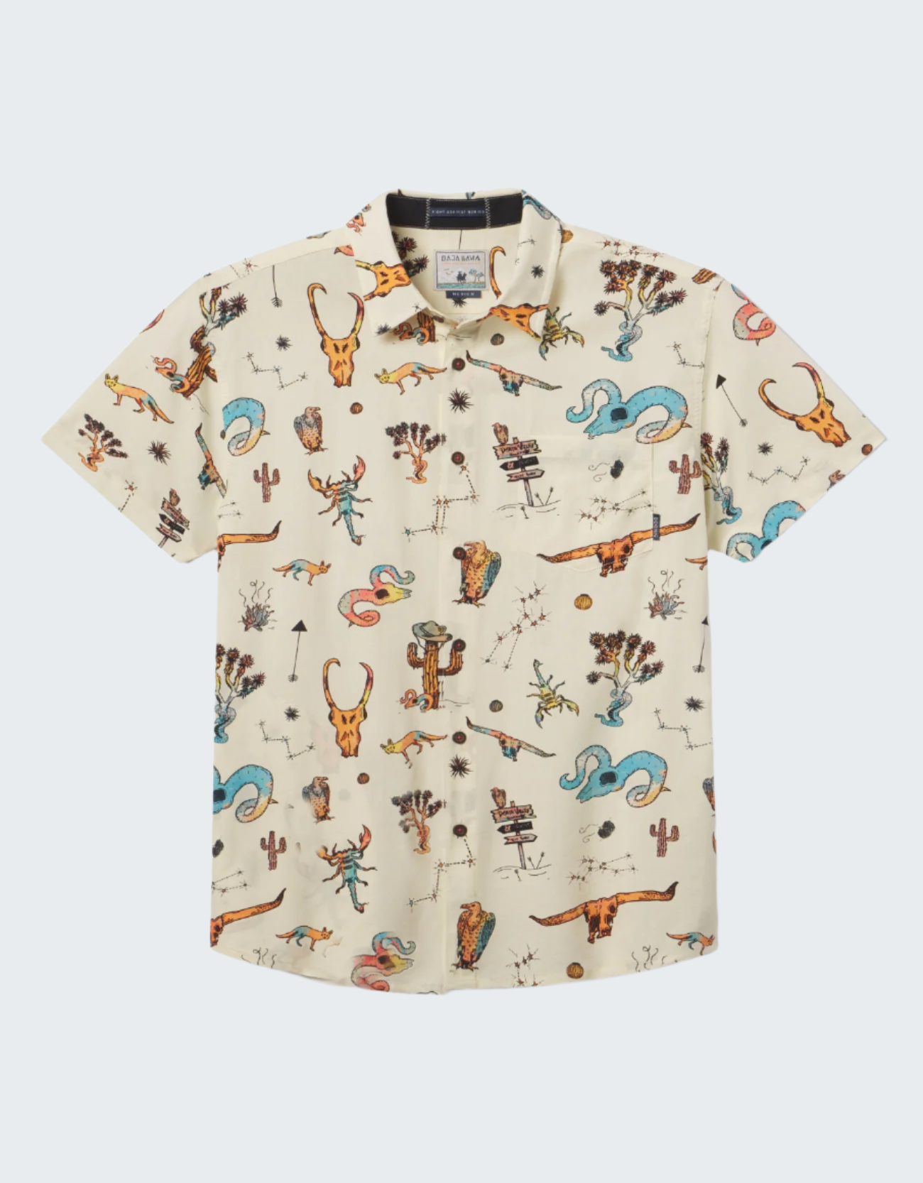 Short-sleeve shirt with colorful western-themed pattern on a white background