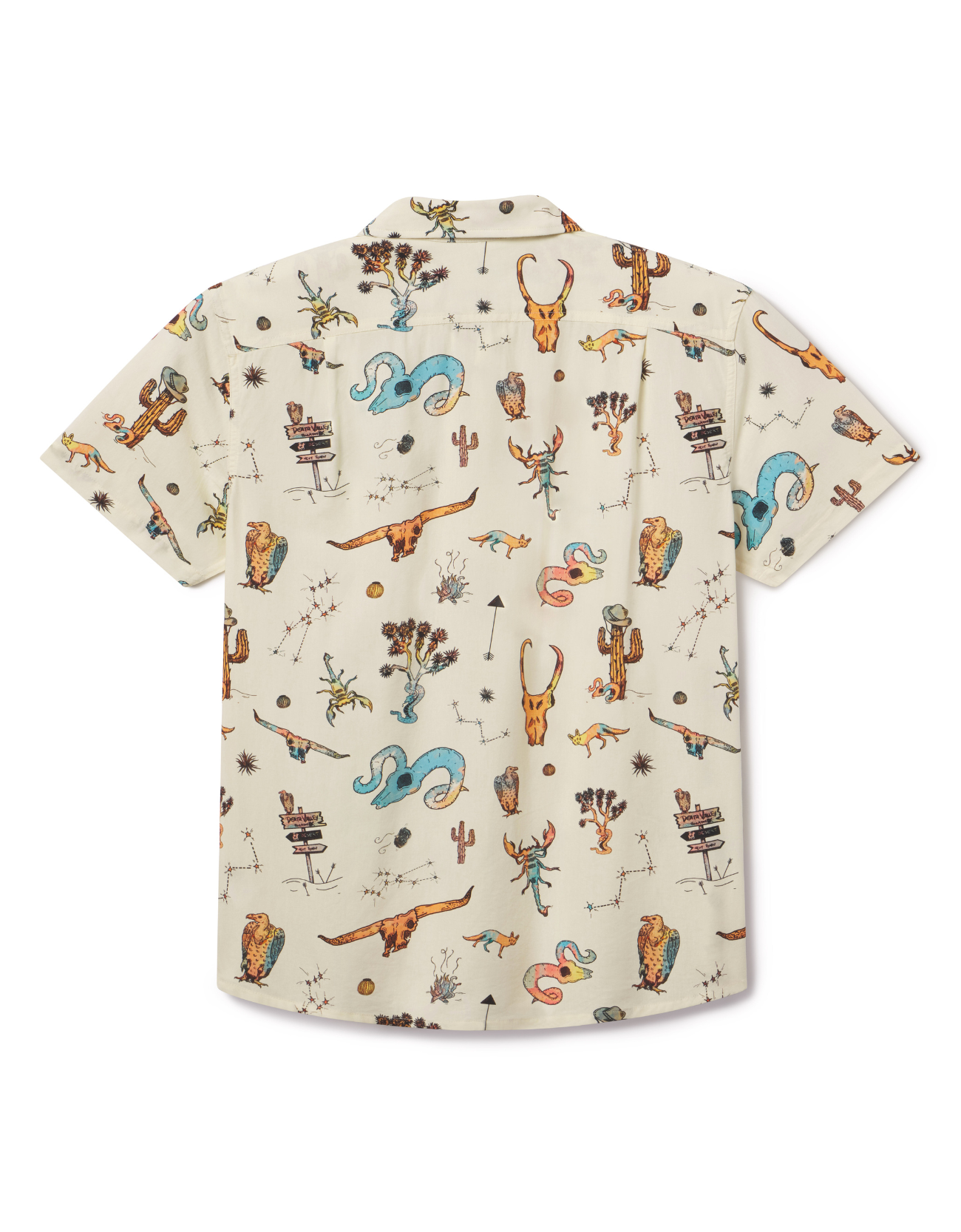 Short-sleeve shirt with colorful nature-themed print on a white background