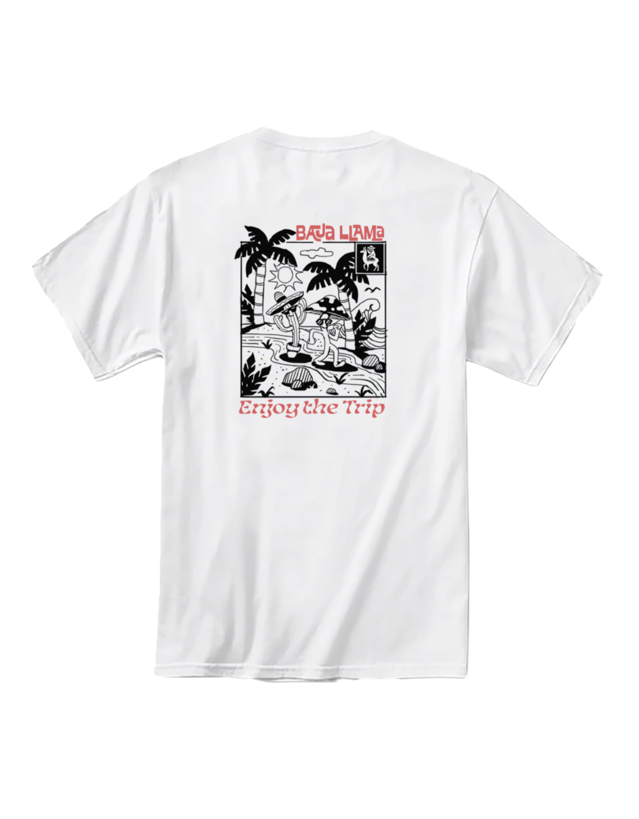 White t-shirt with a graphic design on the back featuring palm trees and text.