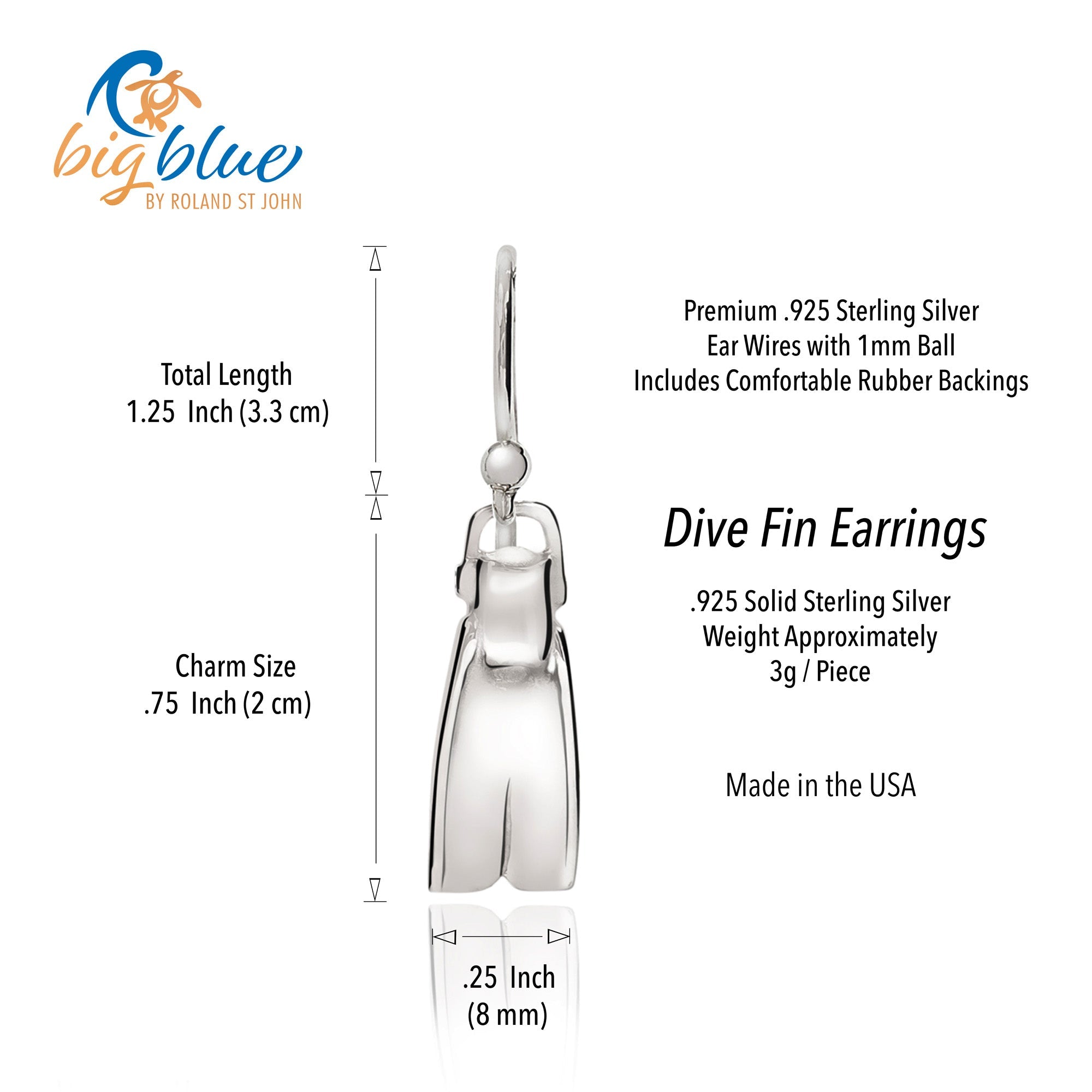 Dive Fin Earrings for Women Sterling Silver