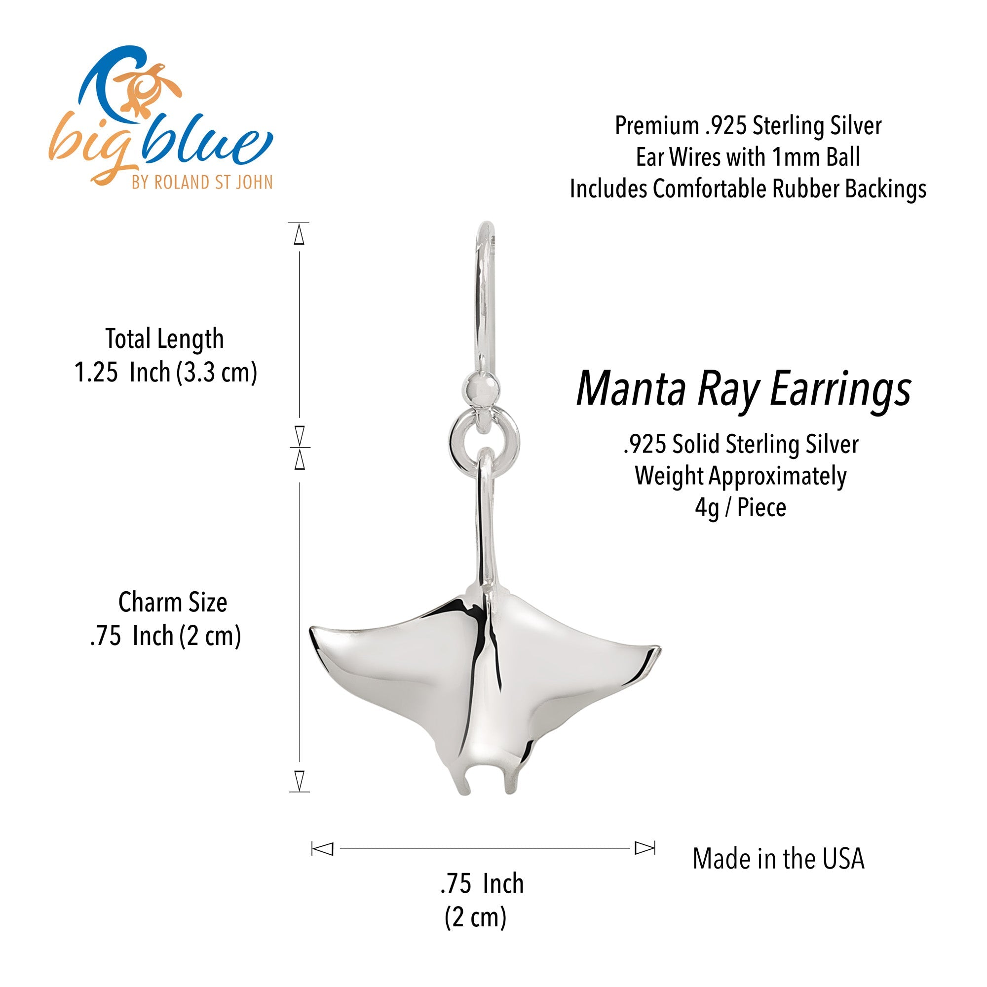 Manta Ray Sterling Silver Drop Earrings